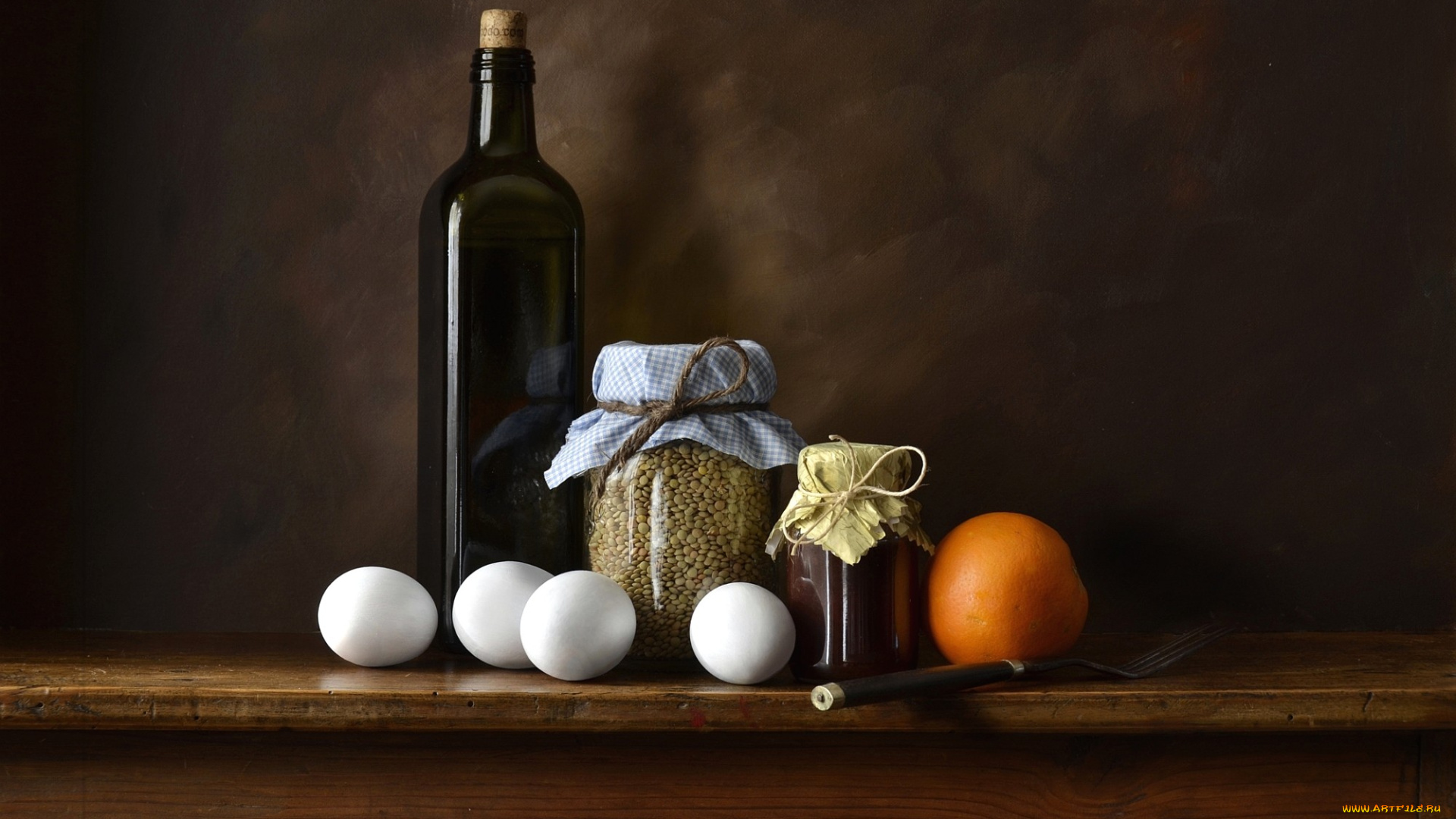 еда, натюрморт, банка, бутылка, чечевица, вилка, апельсин, яйца
