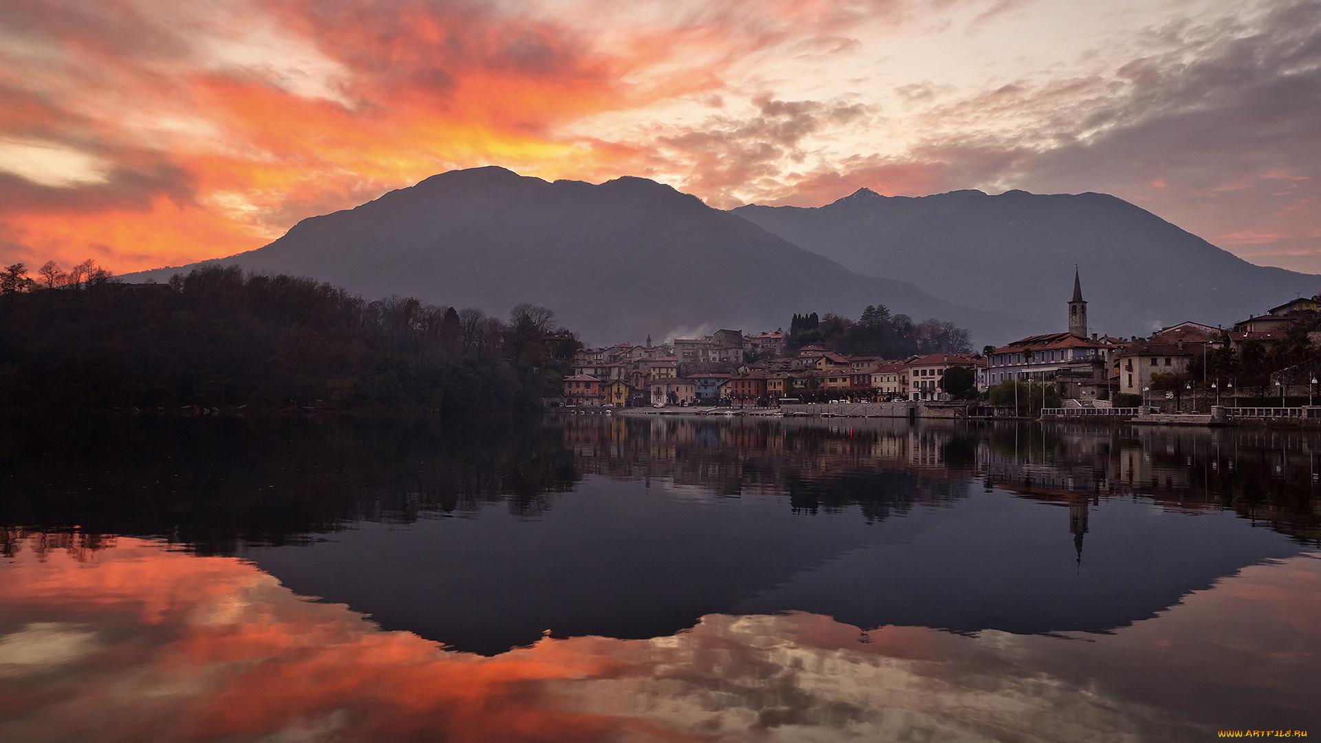 города, пейзажи, горы, деревья, озеро, городок, закат
