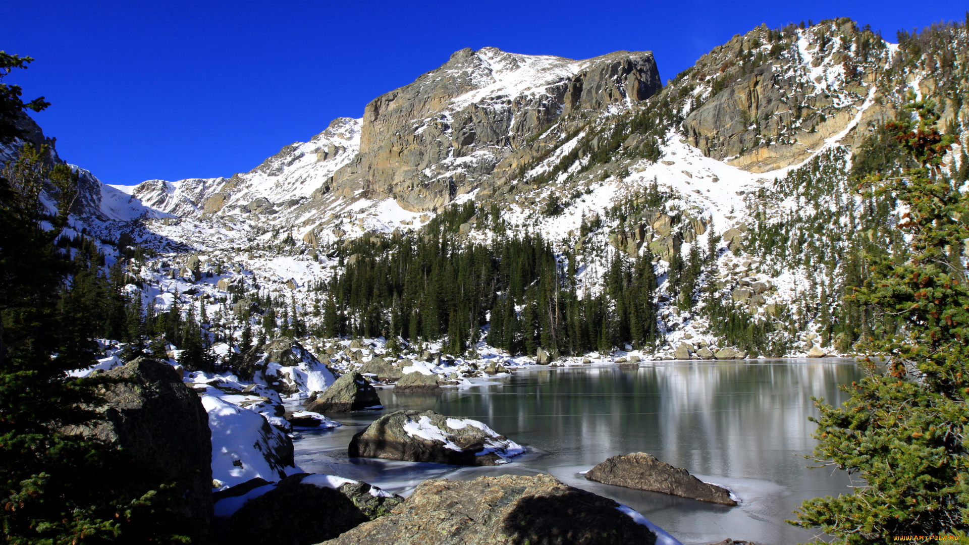 природа, горы, lake, haiyaha, rocky, mountain, colorado, national, park