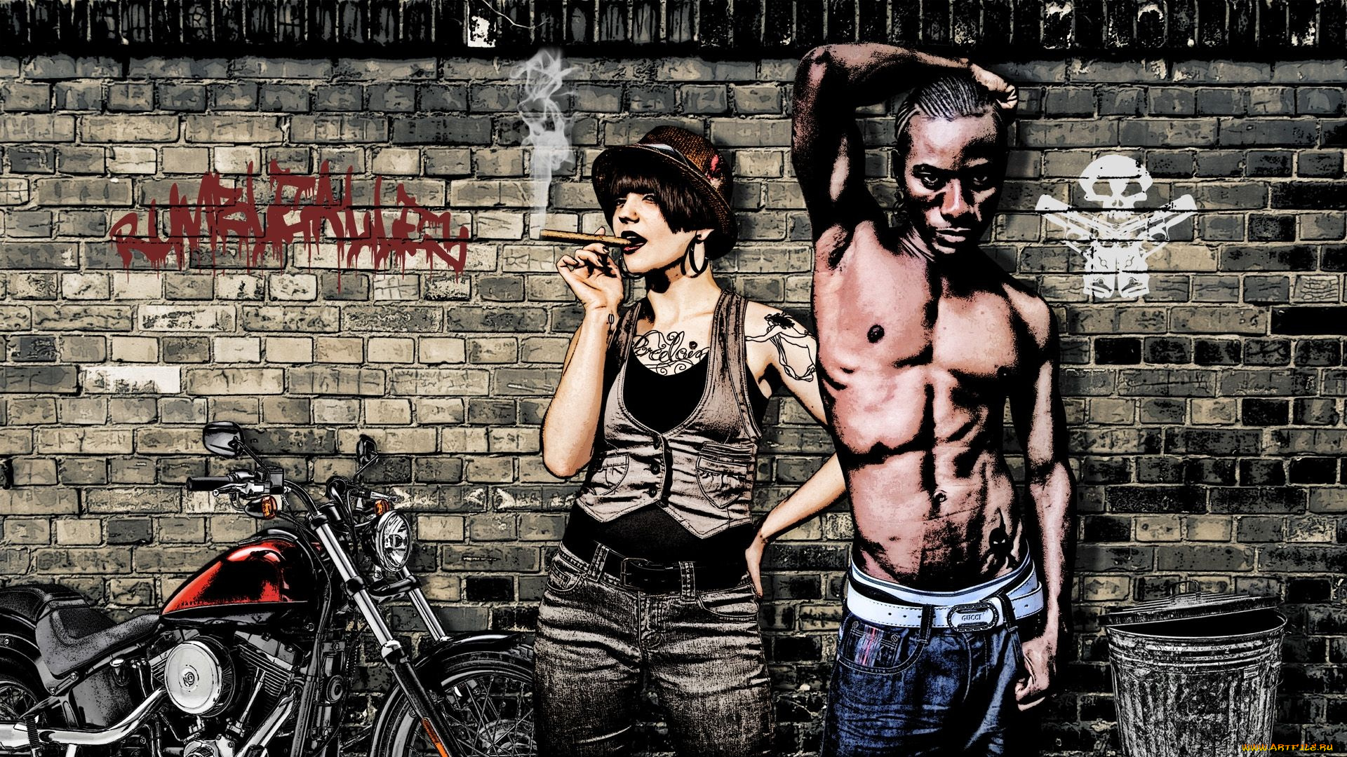 рисованные, люди, мотоцикл