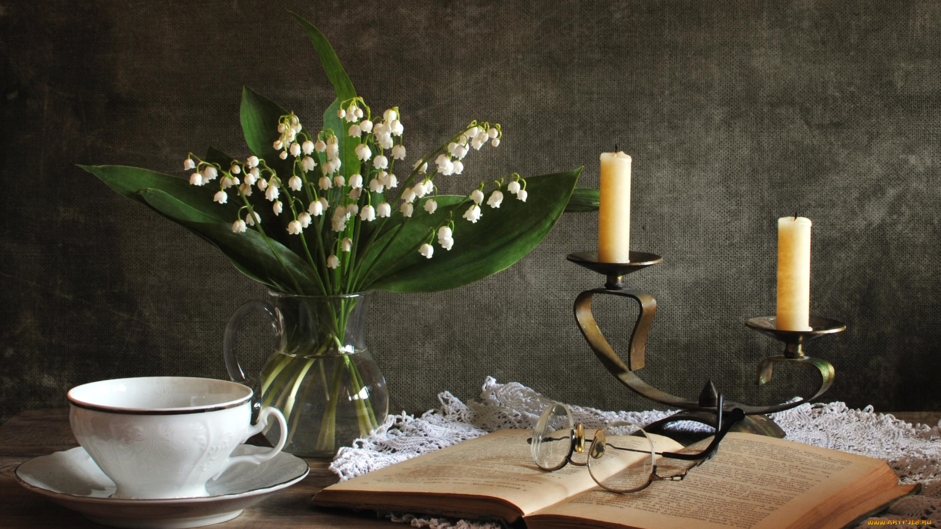 цветы, ландыши, книга, свечи