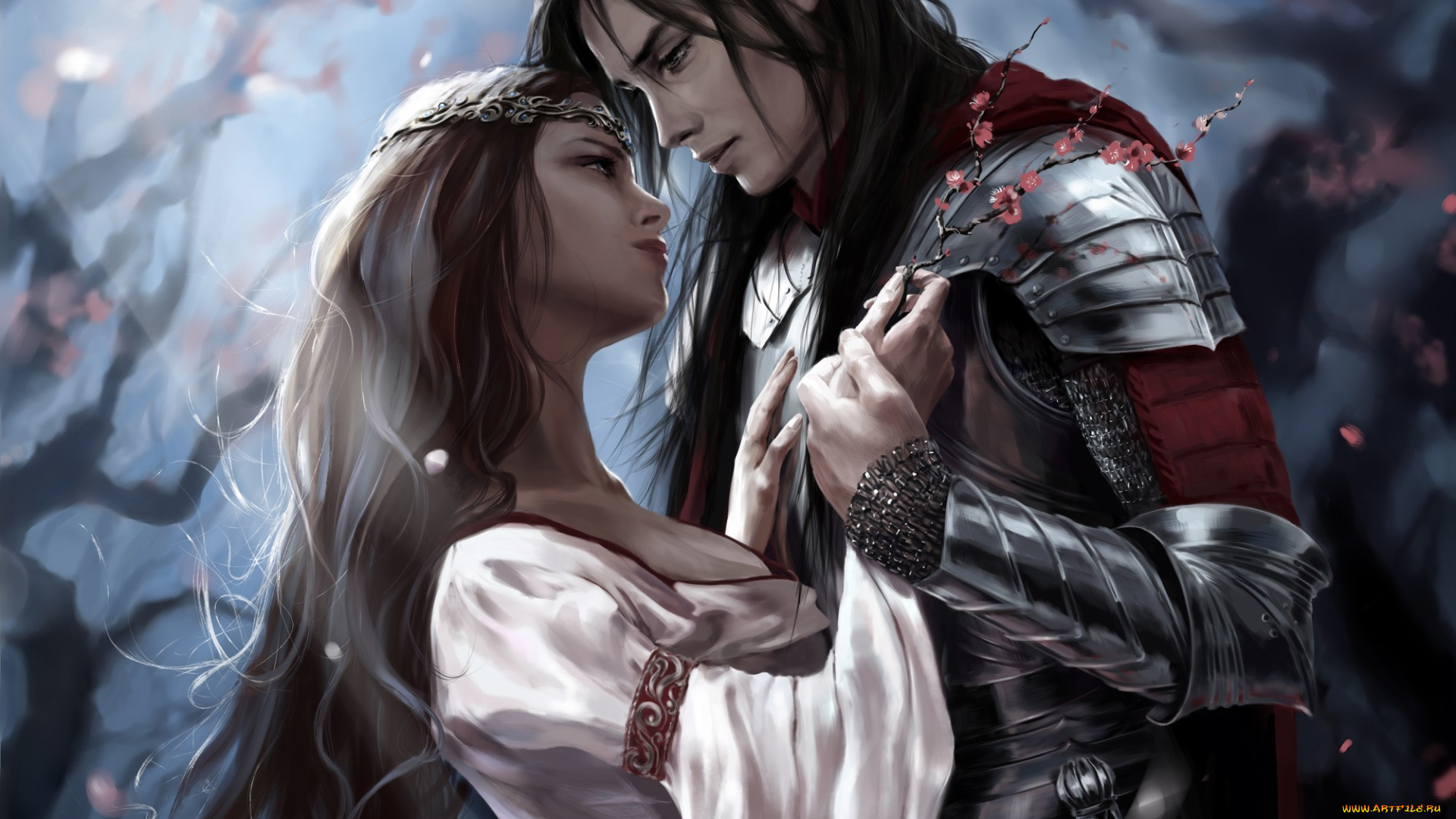 фэнтези, люди, объятия, девушка, цветки, ветка, парень