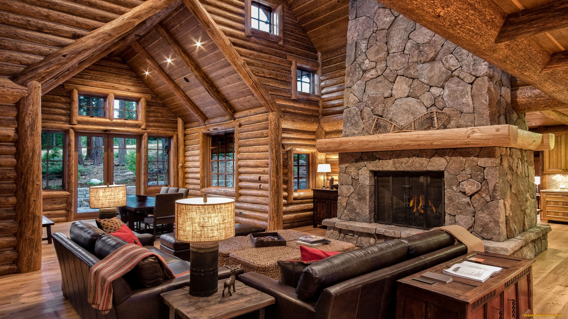 интерьер, гостиная, диваны, камин