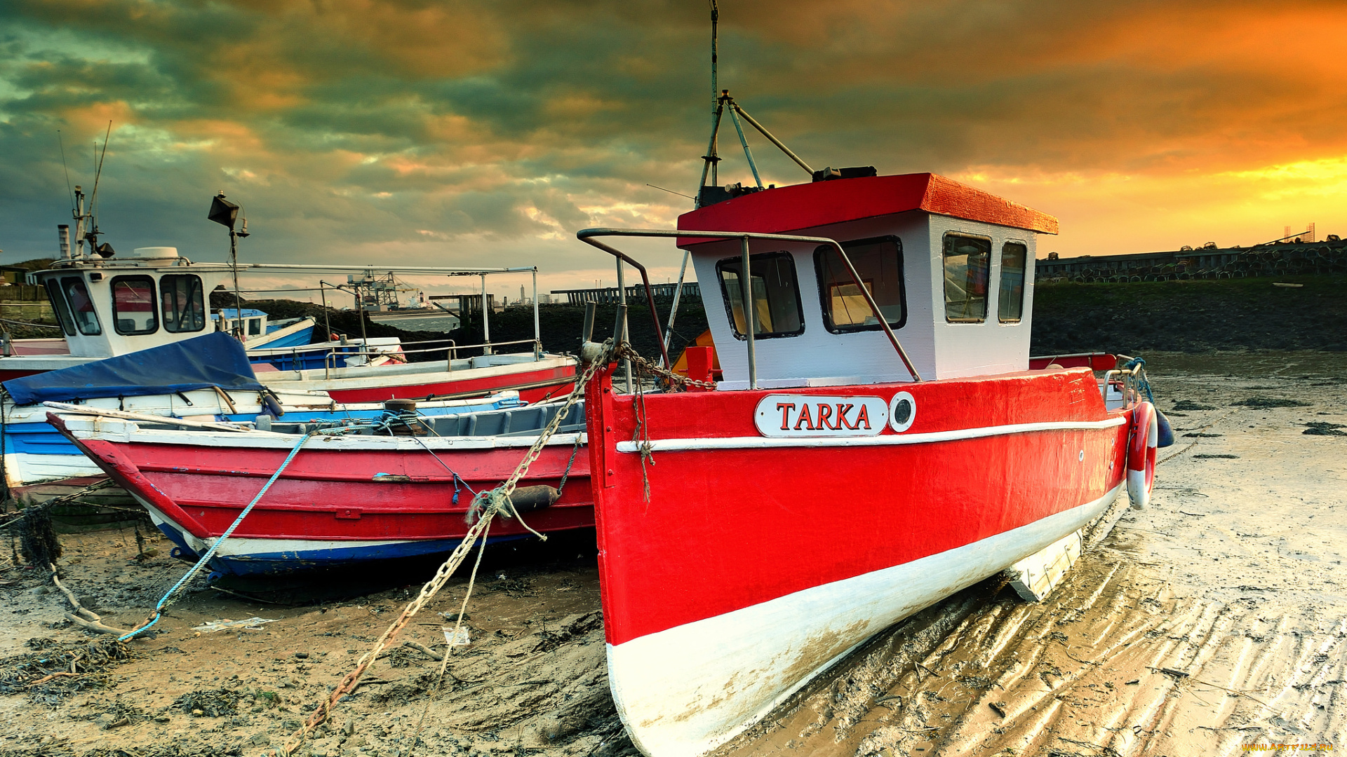 корабли, разные, вместе, закат, отмель, баркасы