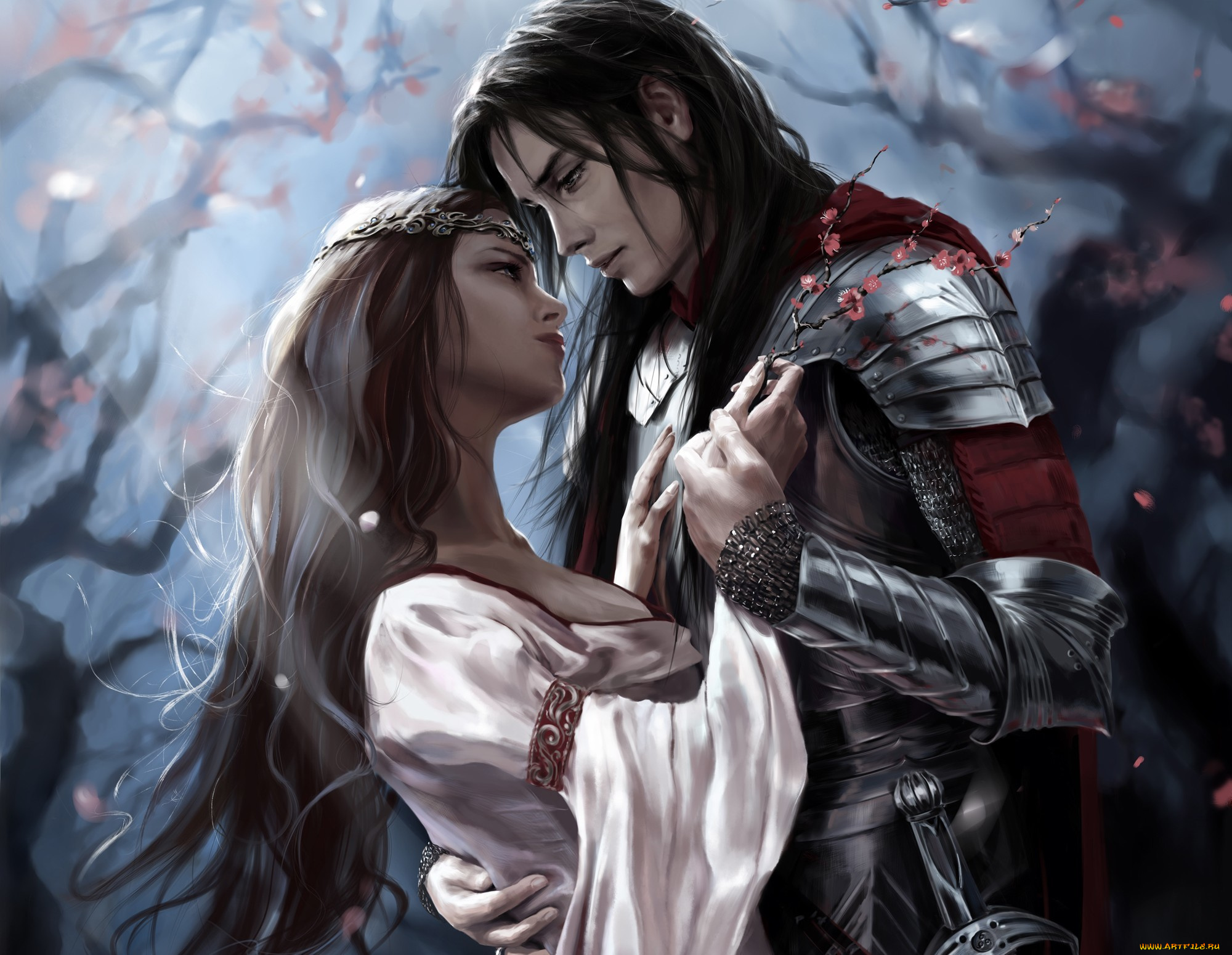 фэнтези, люди, объятия, девушка, цветки, ветка, парень