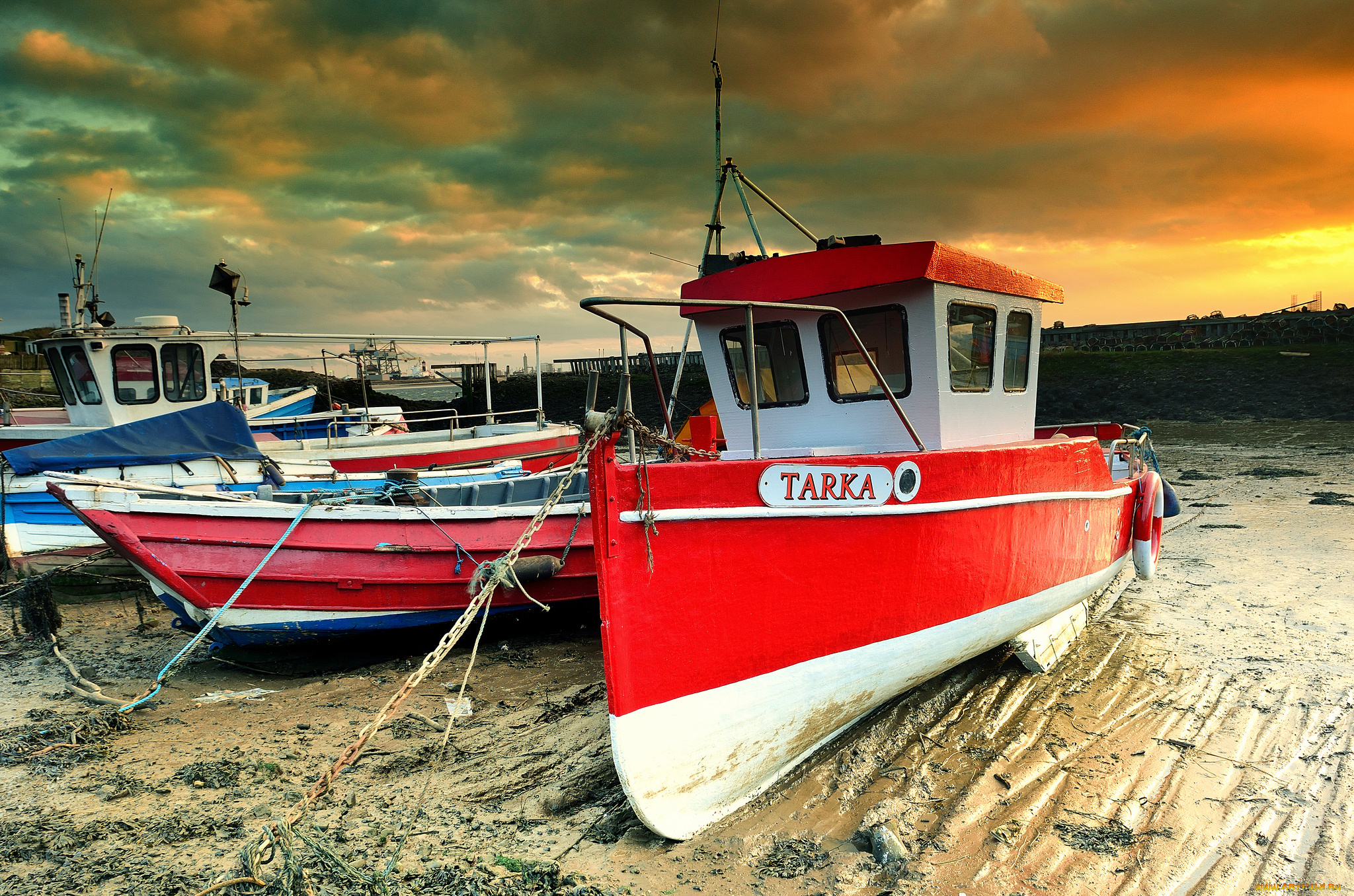 корабли, разные, вместе, закат, отмель, баркасы