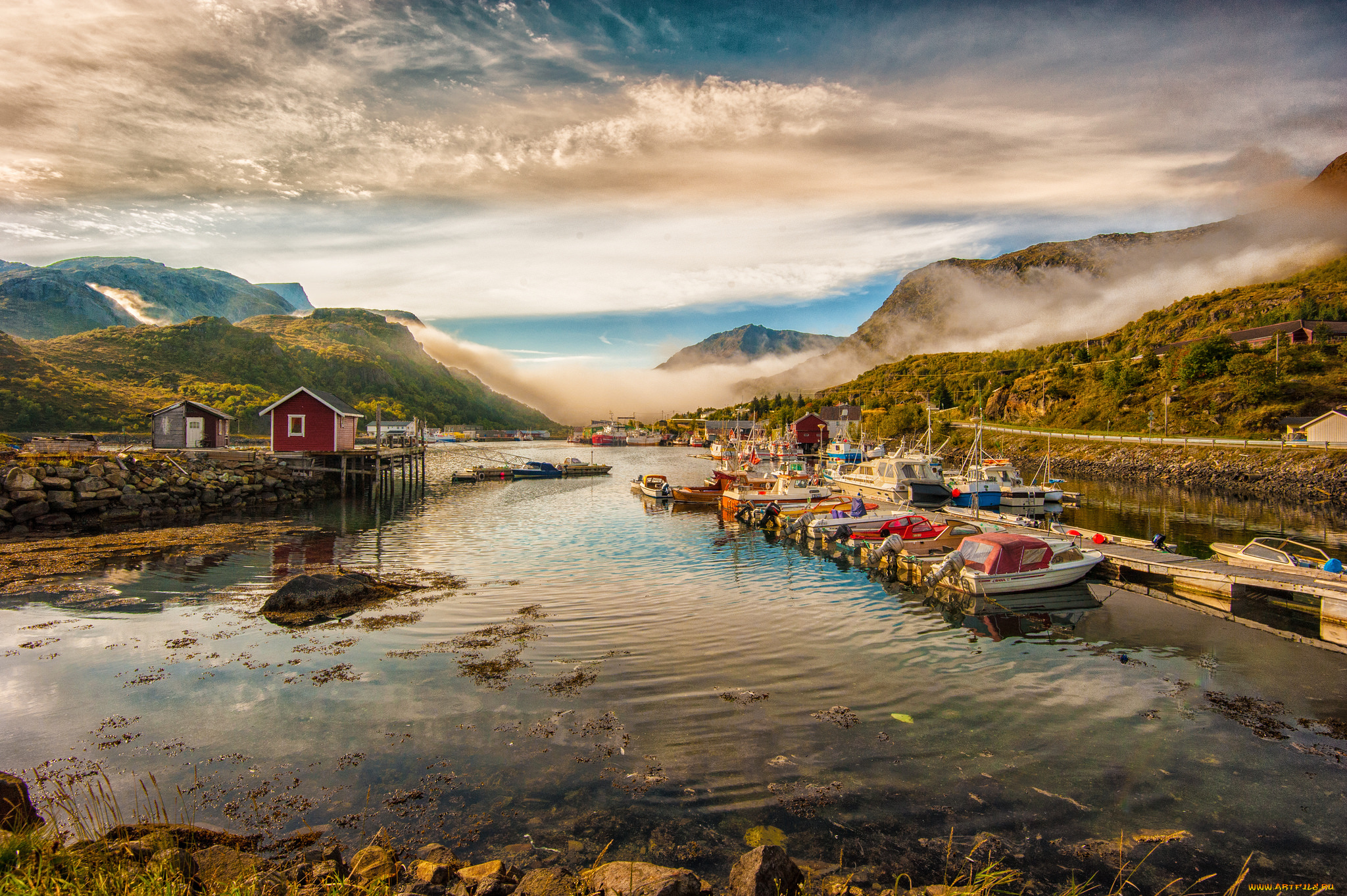 корабли, порты, , , причалы, яхты, причалы, катера, бухта, горы, туман, дорога