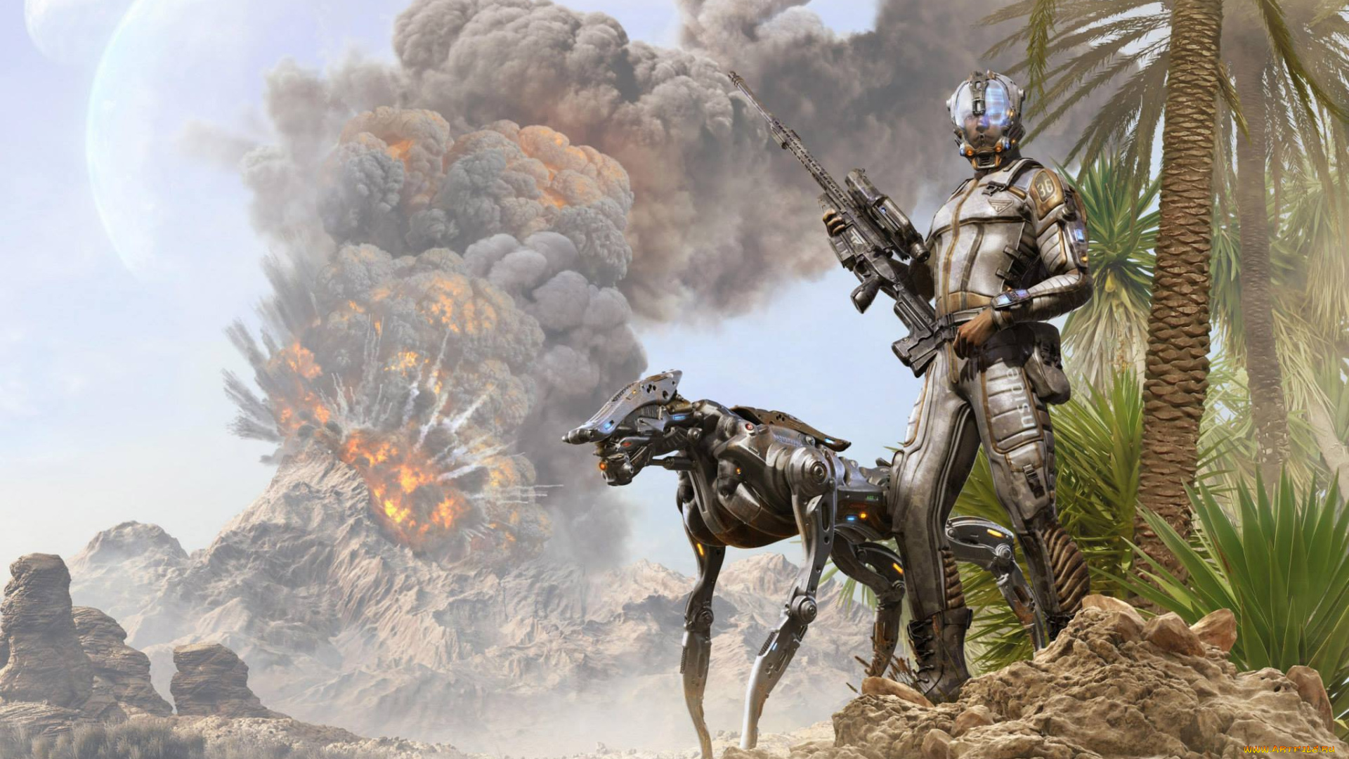 3д, графика, фантазия, , fantasy, киборг, взрыв, планеты, горы, оружие, робот