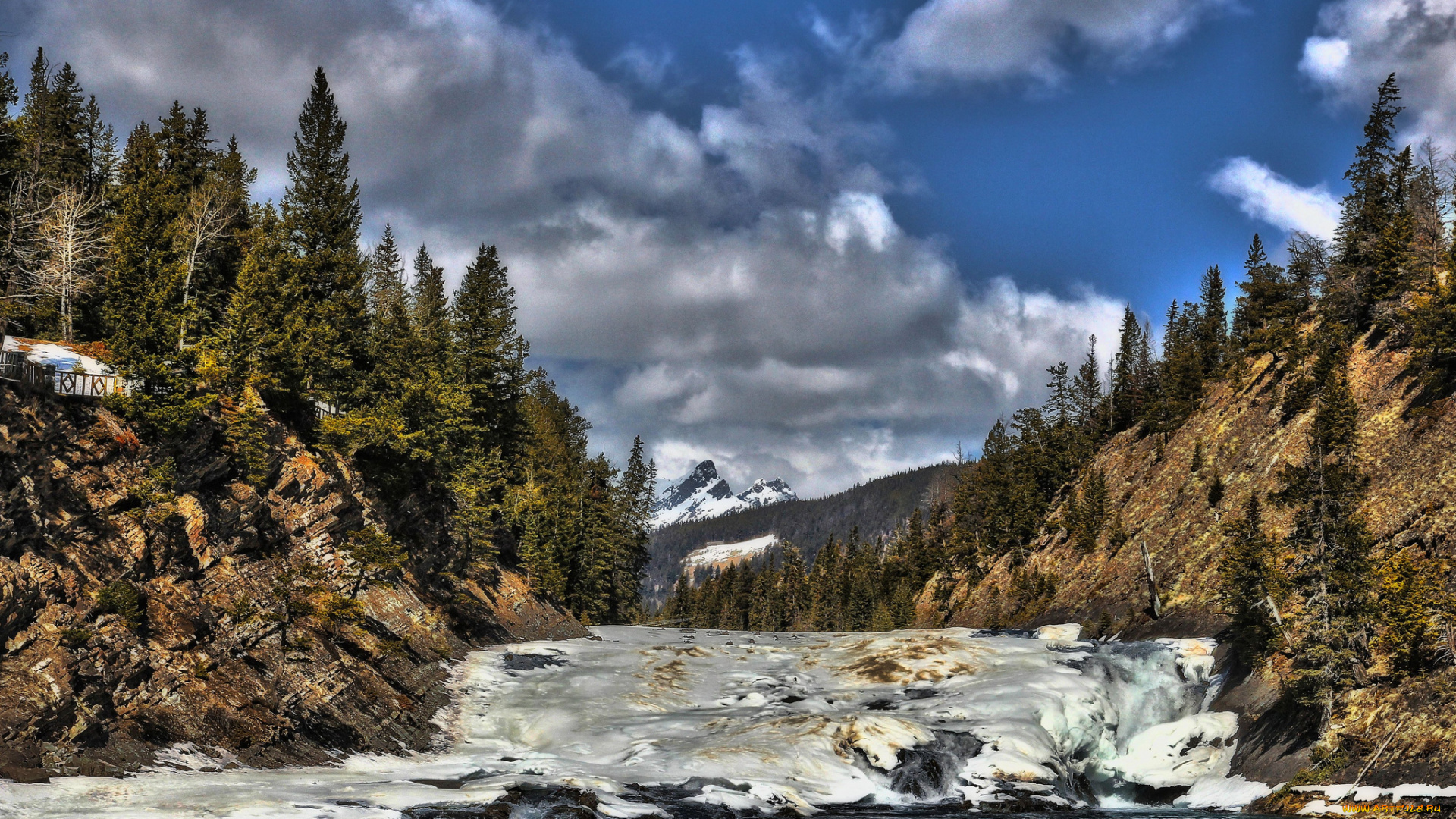 bow, falls, природа, реки, озера, река, лес, горы