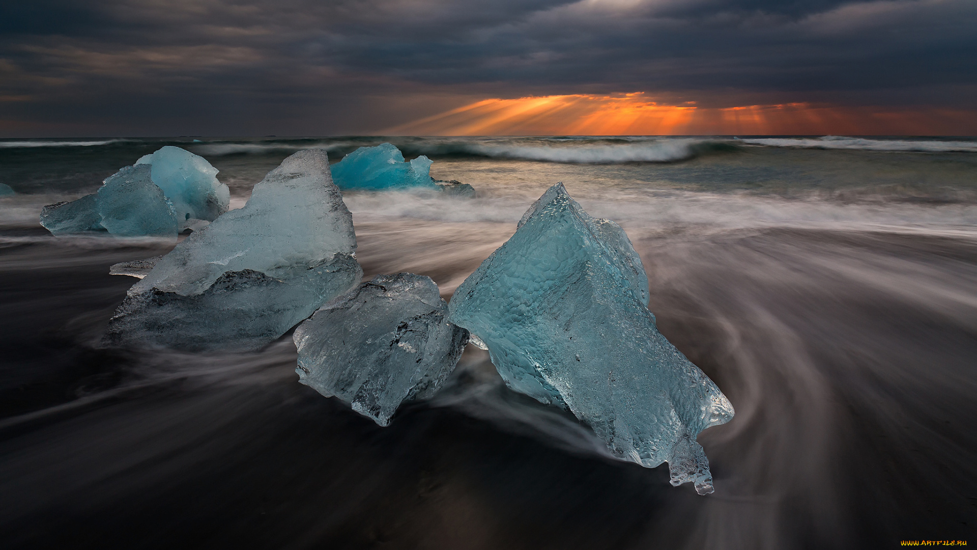 природа, айсберги, и, ледники, исландия, ледниковая, лагуна, йёкюльсаурлоун, лёд, небо, свет, лучи