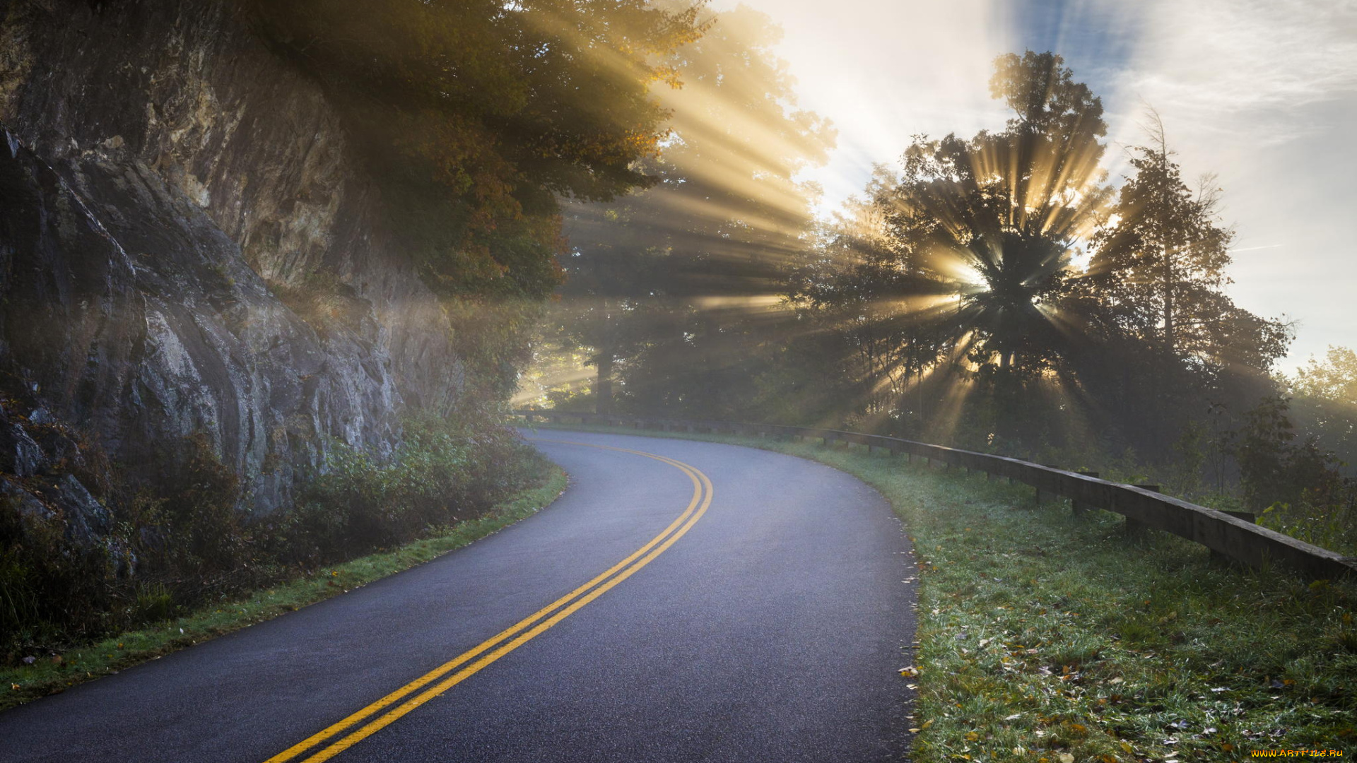 природа, дороги, дорога, скалы, утро, свет, лучи, деревья, дымка