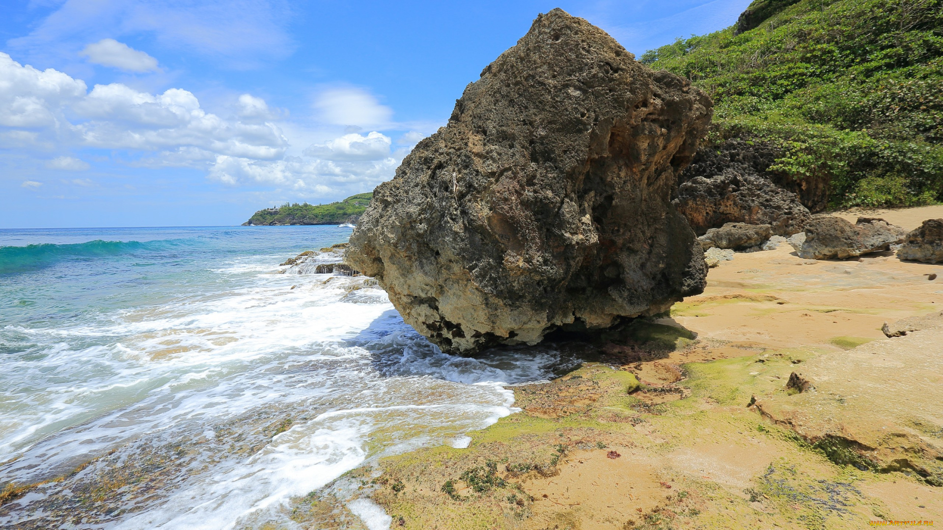 природа, побережье, guajataca, puerto, rico, море, волны, берег, камни, небо, облака
