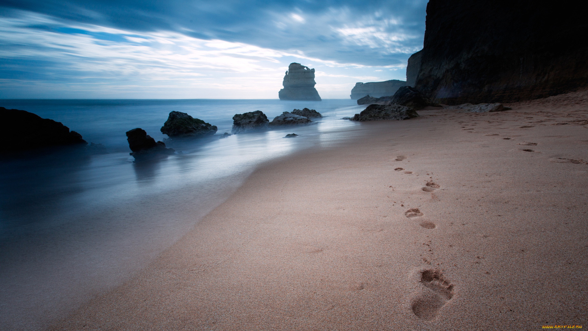 природа, побережье, пляж, австралия, песок, следы, скалы, море, океан