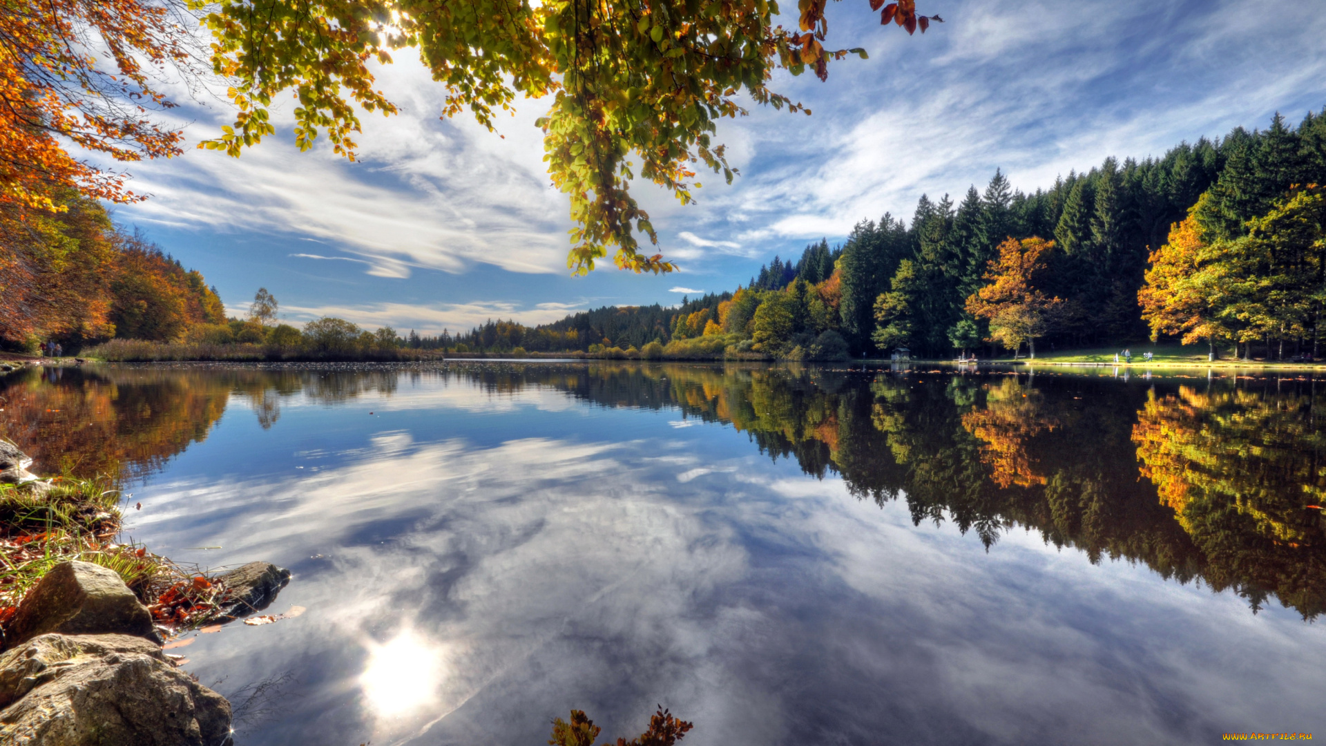 природа, реки, озера, германия, озеро, отражение, вода, деревья, камни, берег, deininger, weiher, осень, ветки, листья