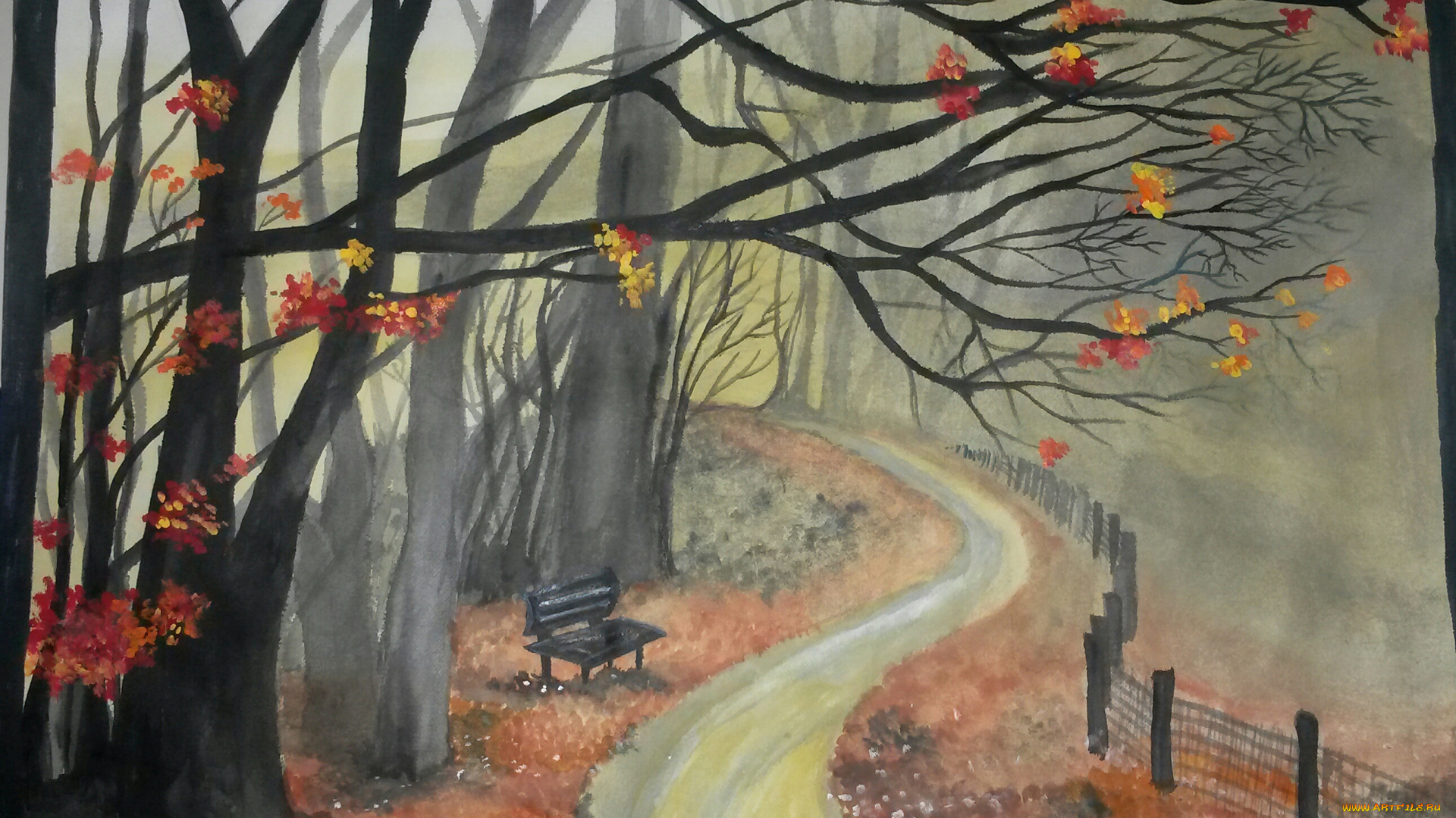 рисованное, природа, забор, дорога, парк, скамейка, деревья