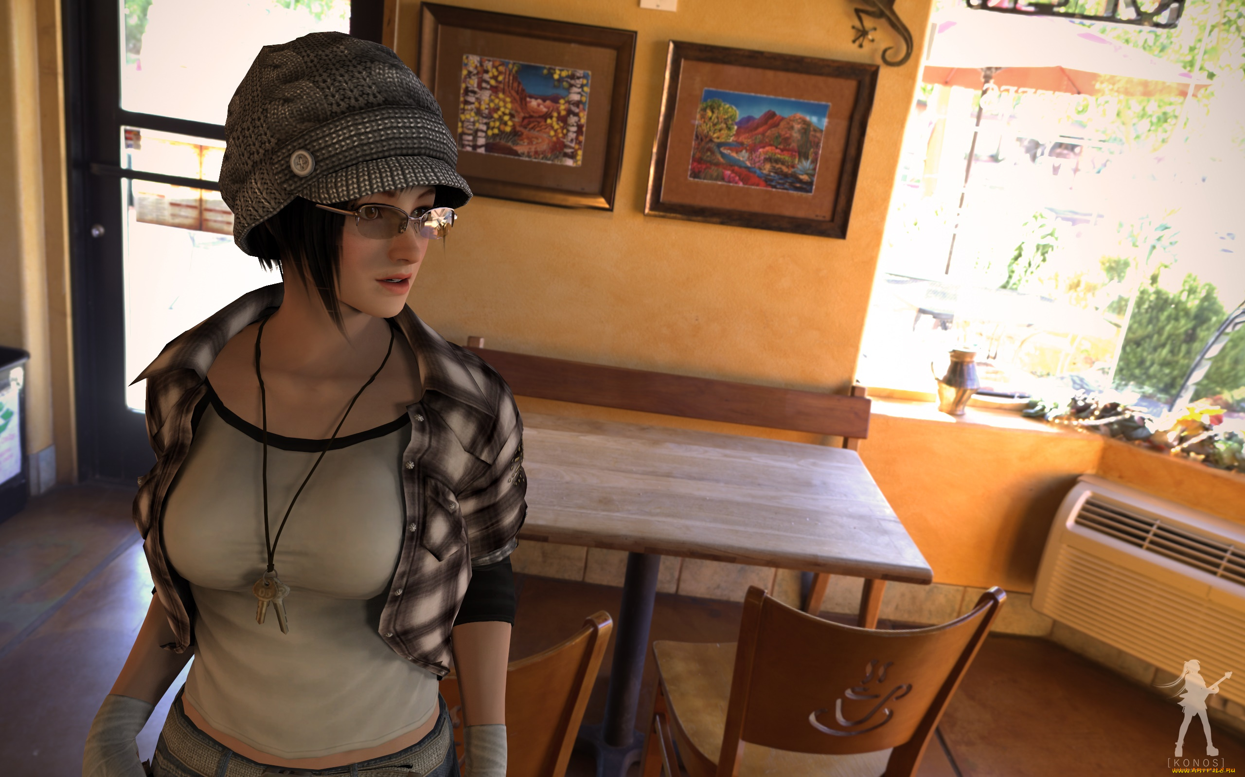 3д, графика, люди, , people, стол, очки, шляпа, фон, взгляд, девушка