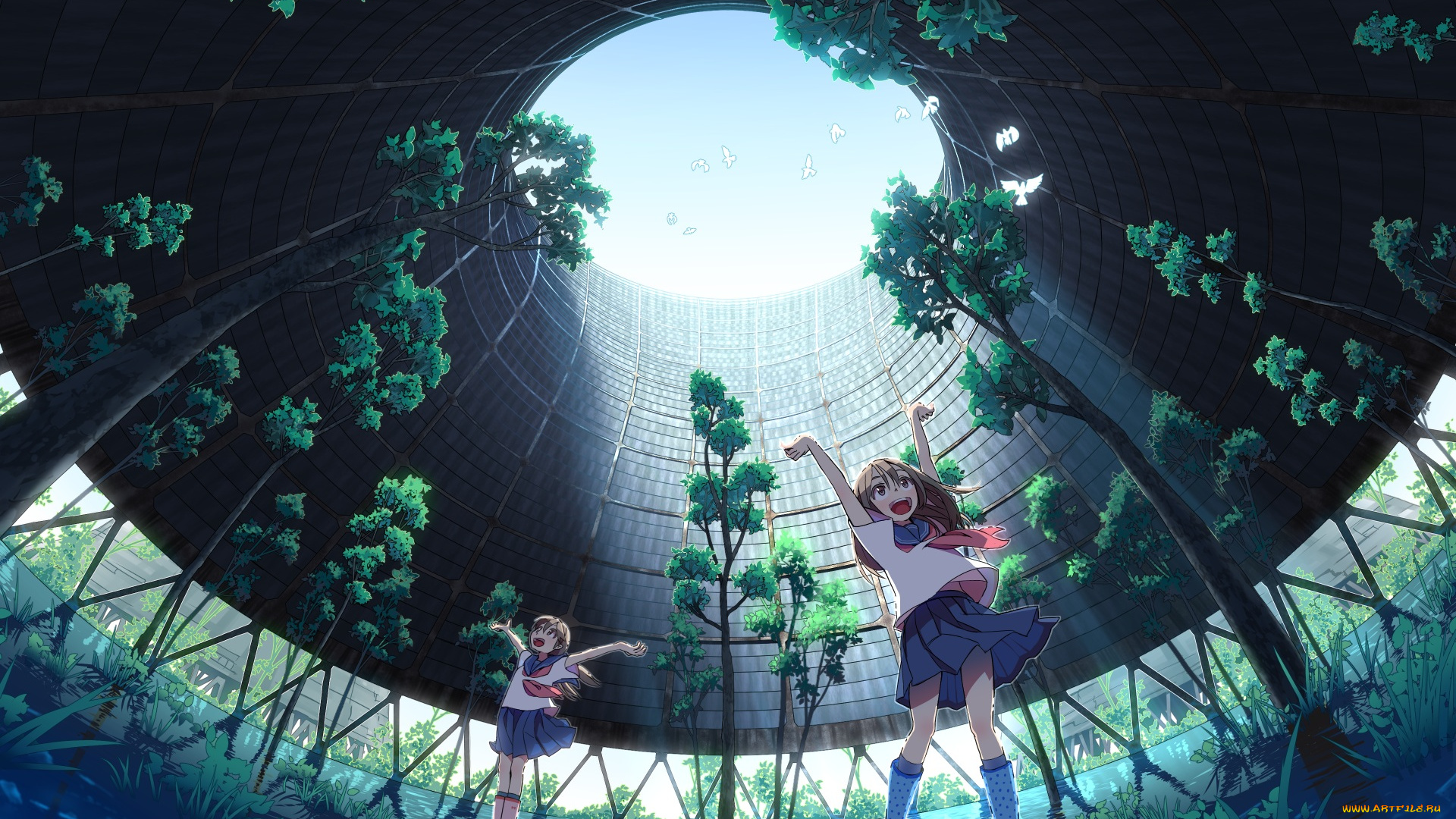 аниме, город, , улицы, , здания, девушки, взгляд, фон