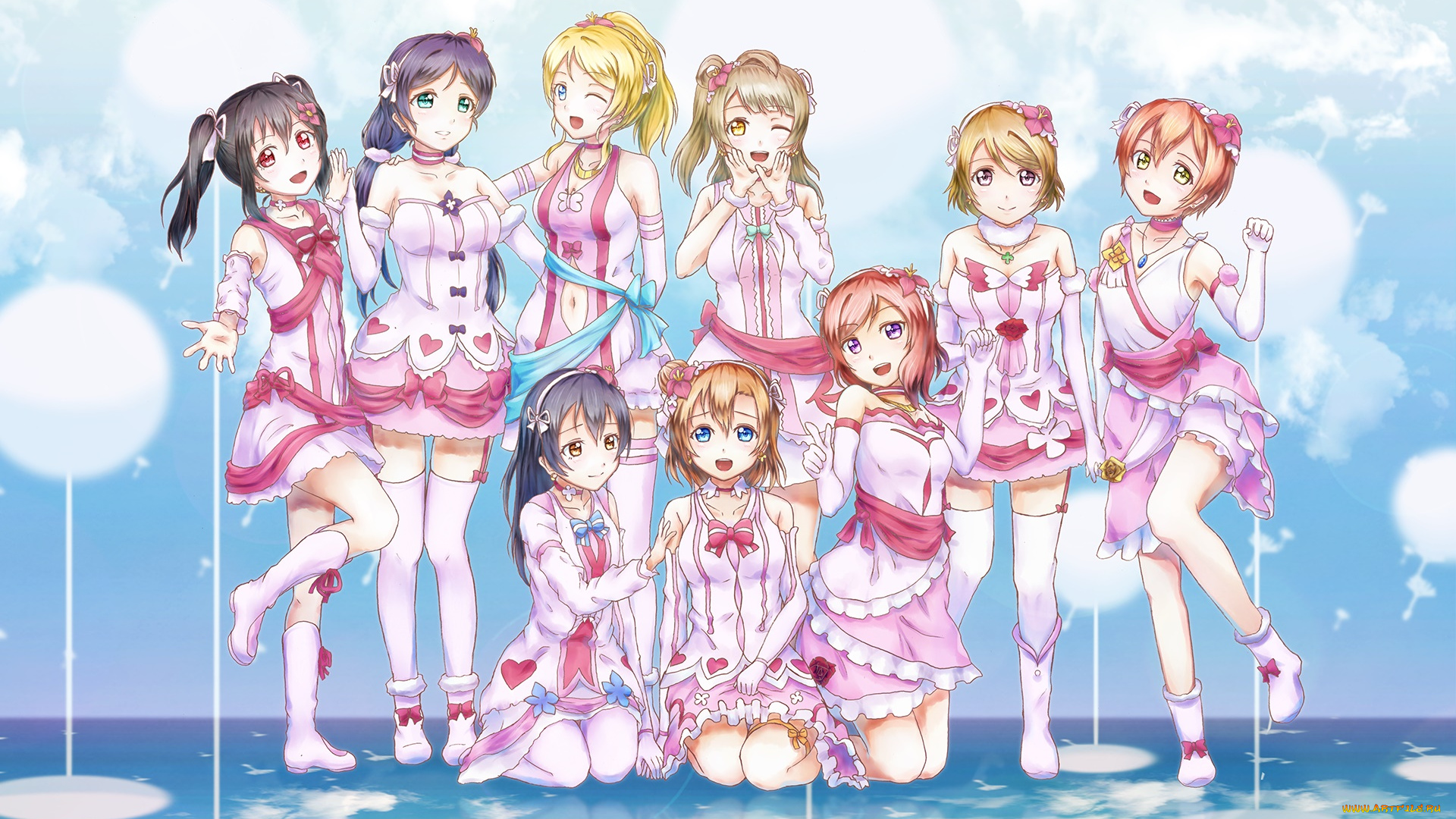 аниме, love, live, , school, idol, project, взгляд, девушки, фон