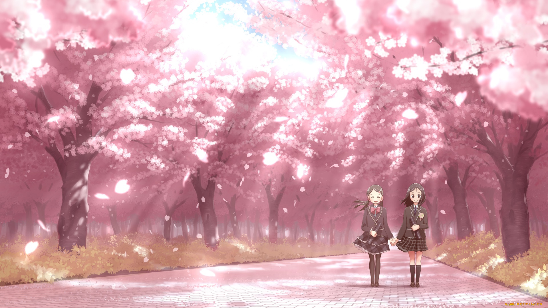 аниме, unknown, , другое, девушки, взгляд, фон, алея, парк