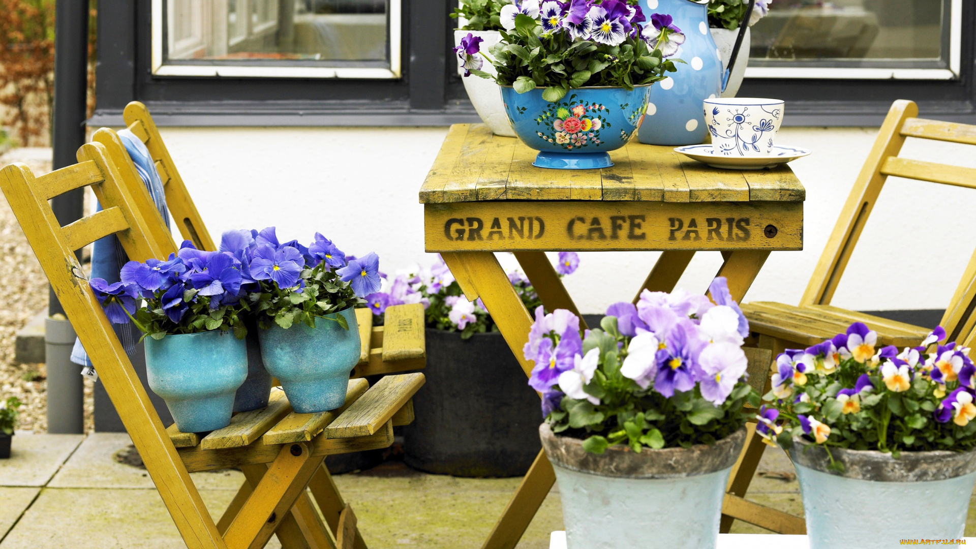 цветы, анютины, глазки, , садовые, фиалки, столик, горшки