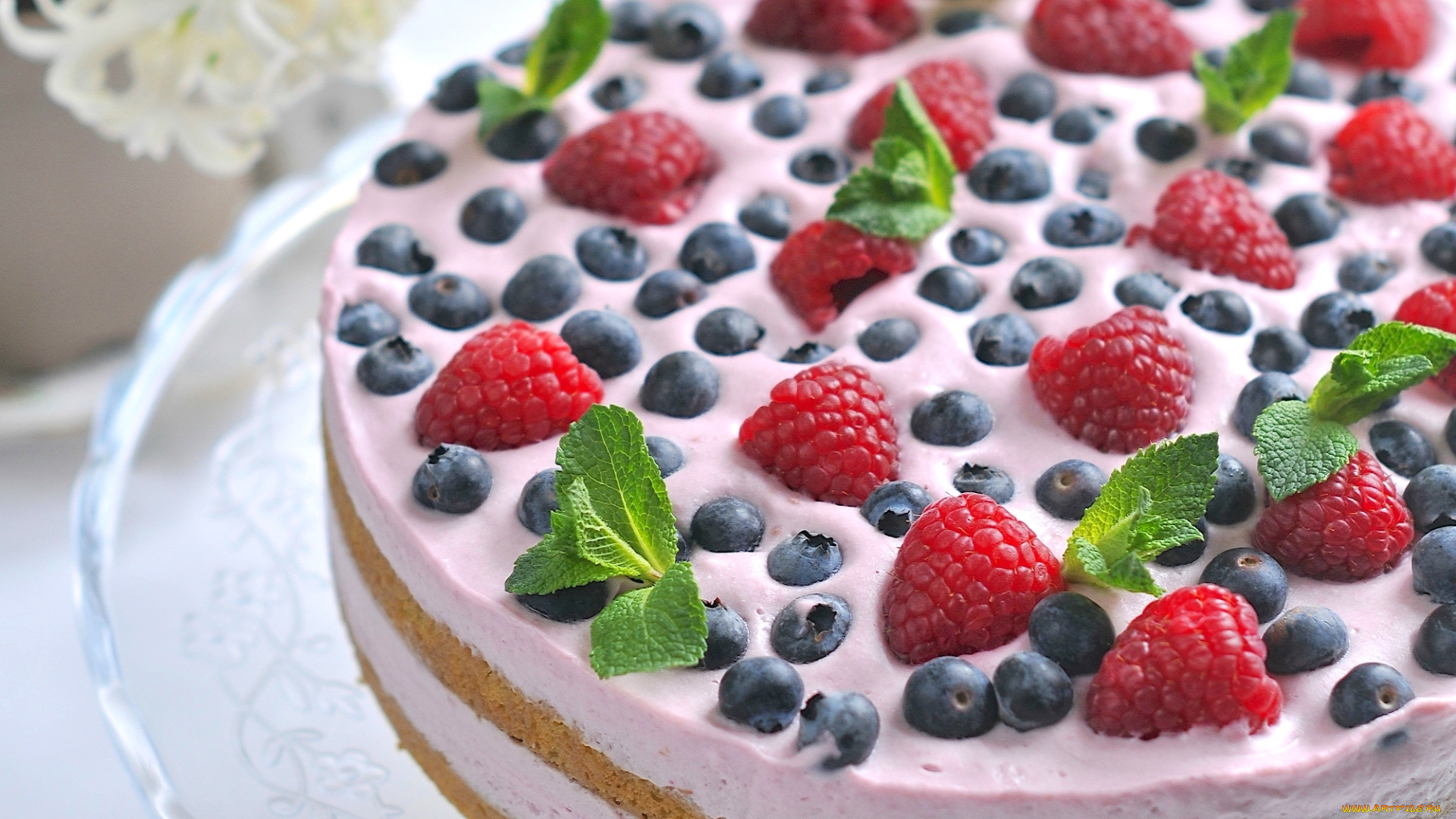 еда, торты, малина, голубика, крем, мята, ягоды, десерт, торт