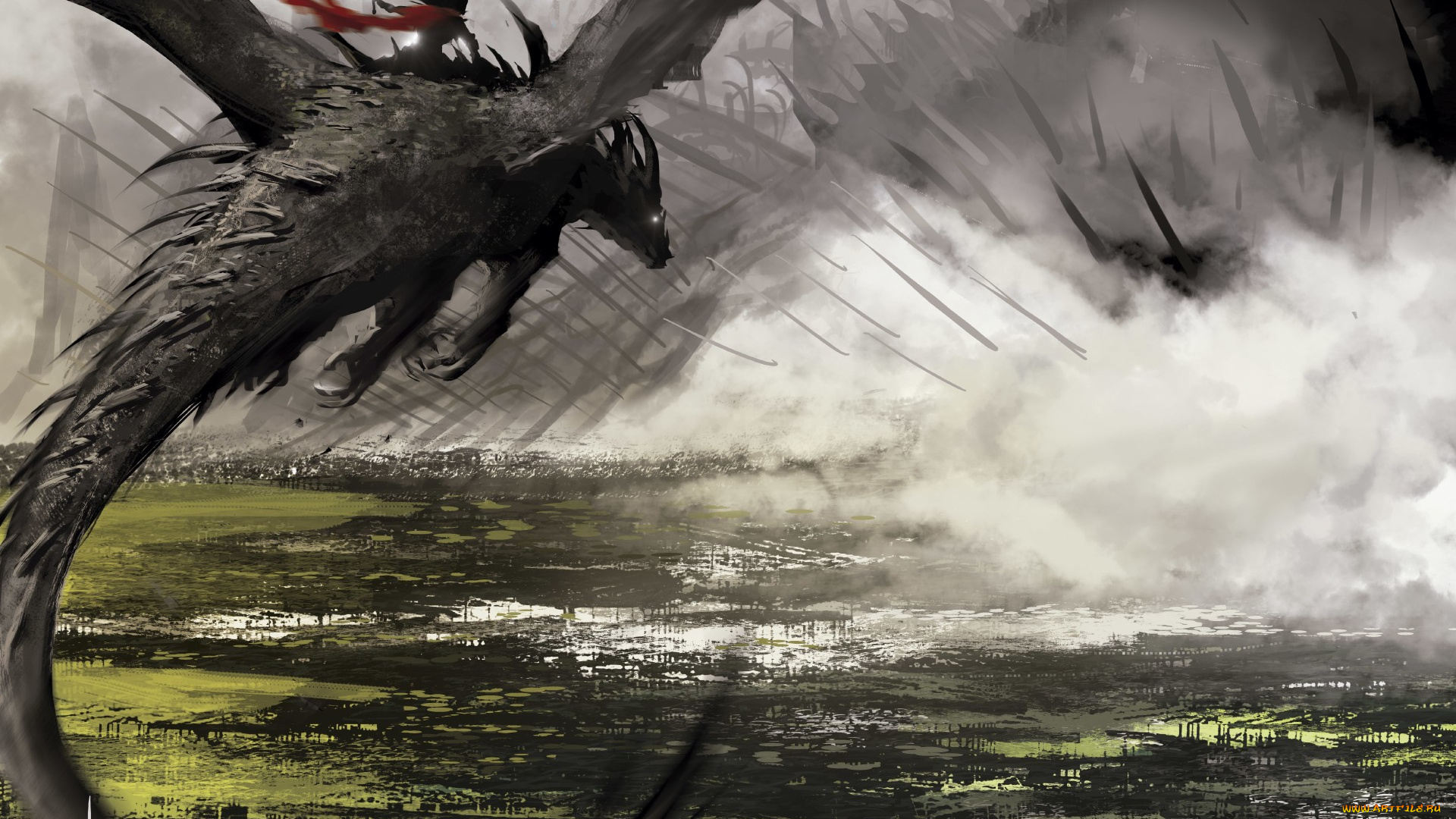 фэнтези, драконы, дракон, полет, дым, туман