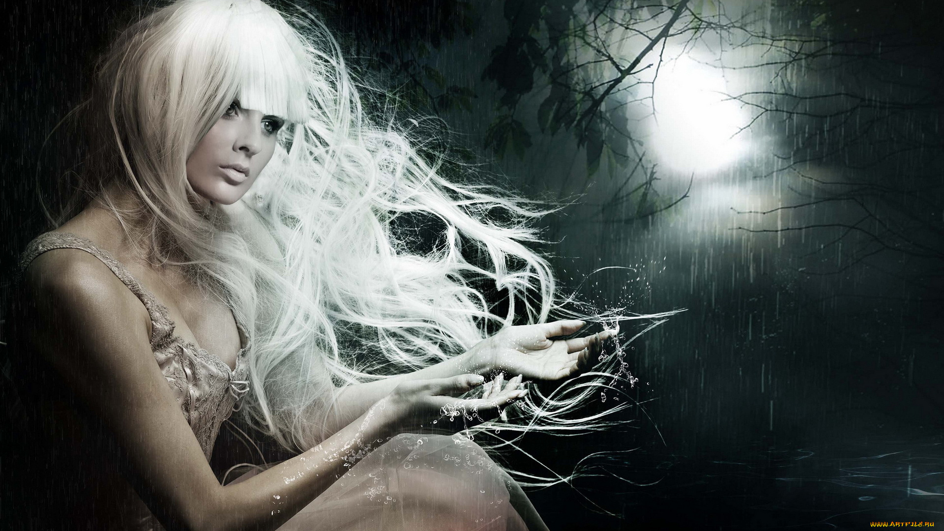 фэнтези, фотоарт, девушка, призрак, мёртвая, бледная, белые, волосы, привидение, ночь