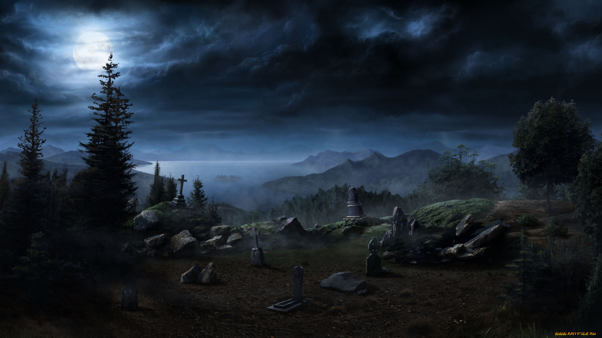 фэнтези, пейзажи, кладбище, склепы, могилы, кресты, ночь