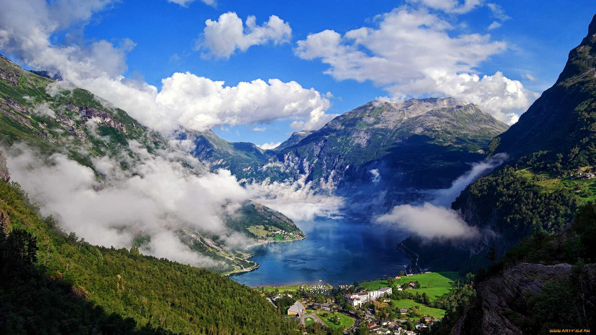 города, -, пейзажи, горы, городок, озеро