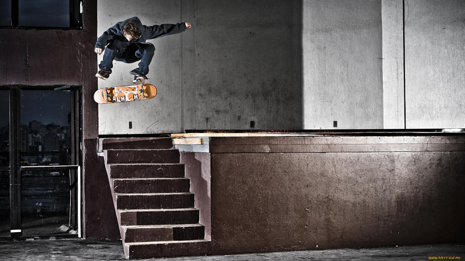 спорт, скейтборд, экстремальный, двери, лестница, свет, прыжок, дом, улица, скейтбординг