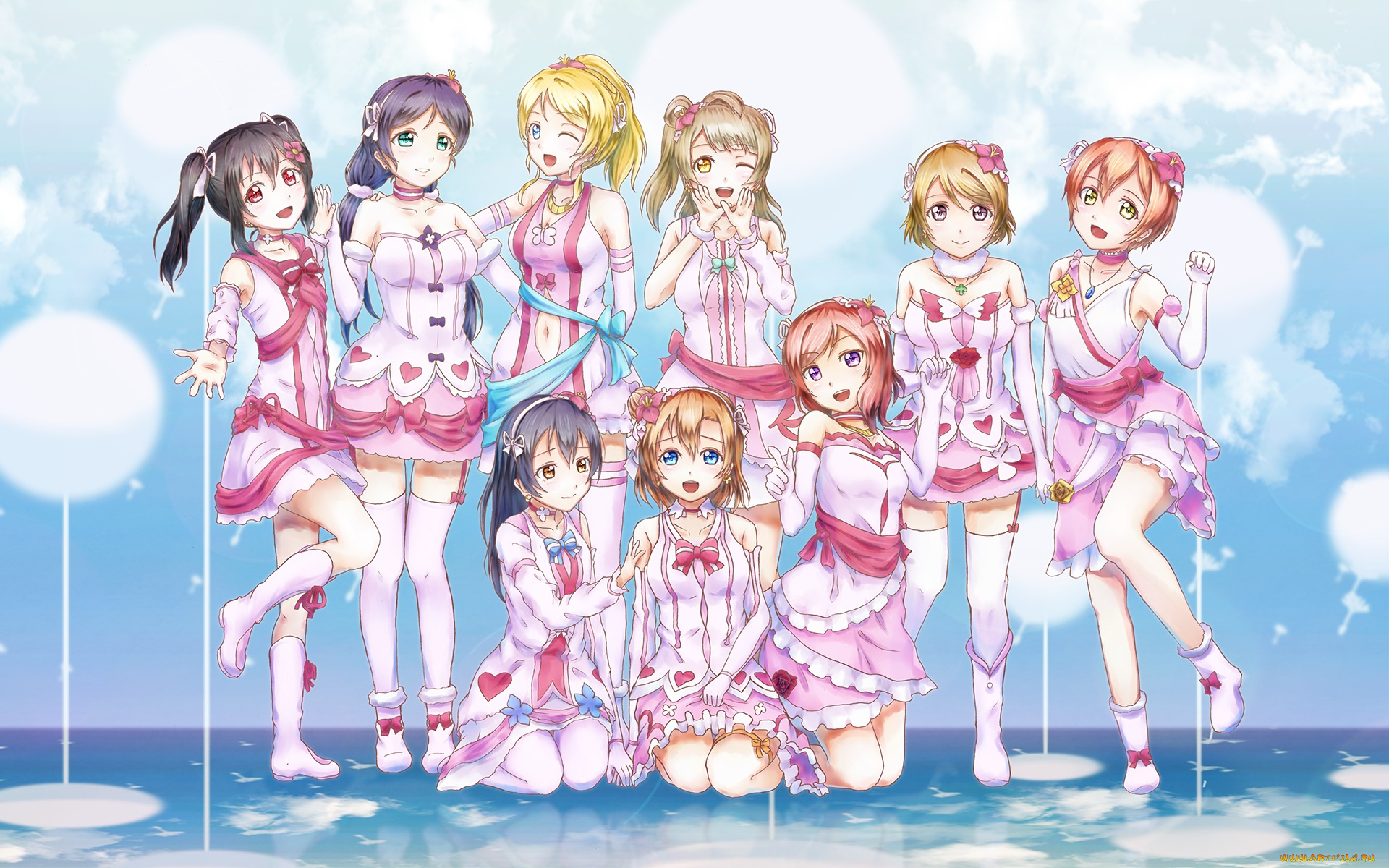 аниме, love, live, , school, idol, project, взгляд, девушки, фон