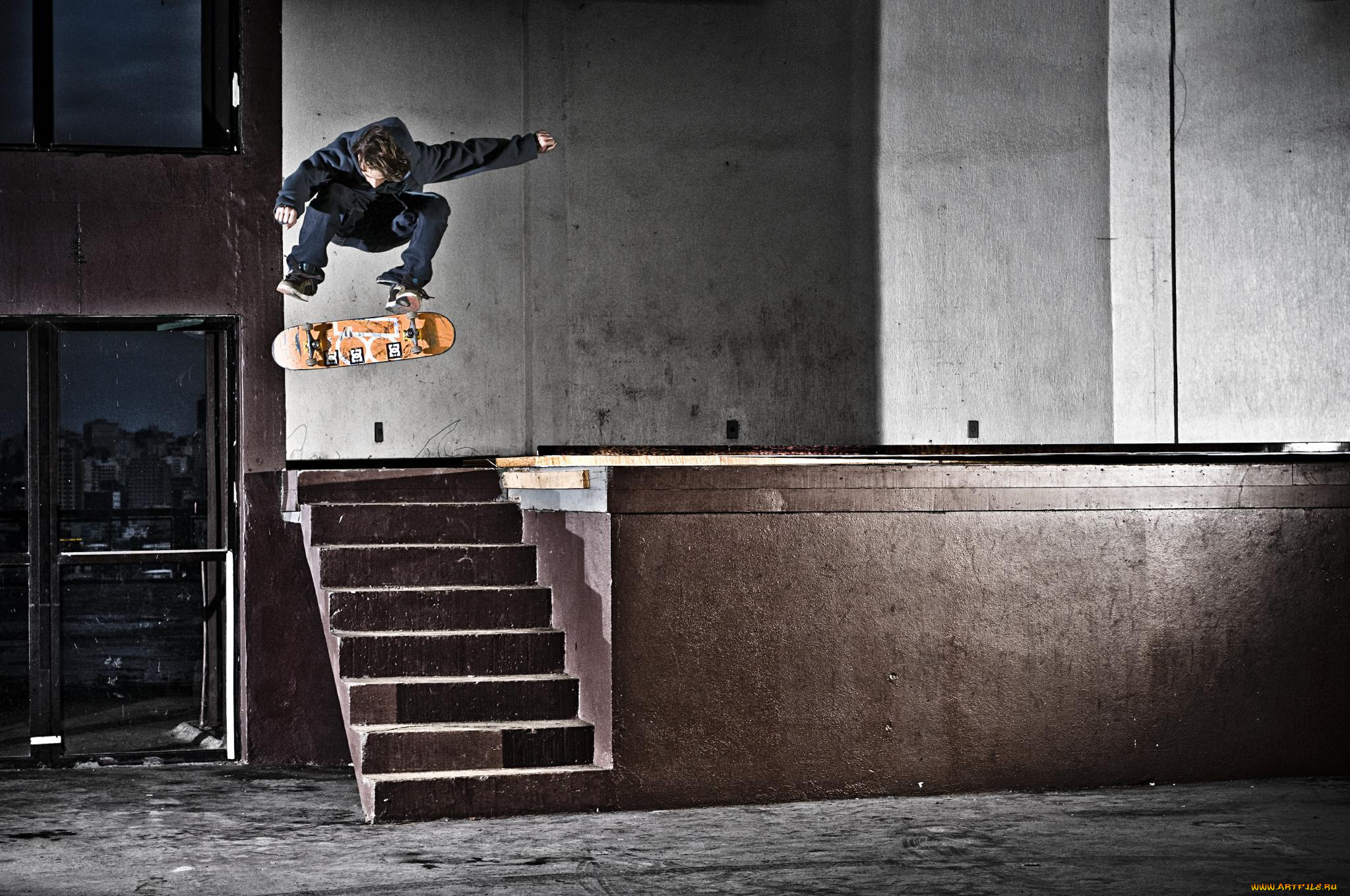 спорт, скейтборд, экстремальный, двери, лестница, свет, прыжок, дом, улица, скейтбординг