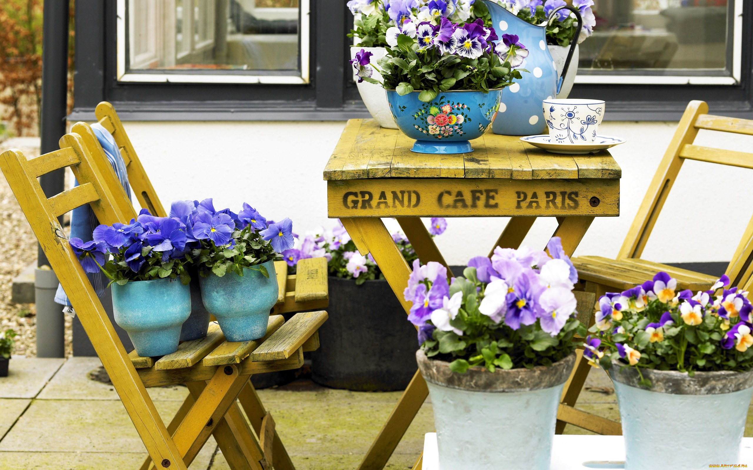 цветы, анютины, глазки, , садовые, фиалки, столик, горшки