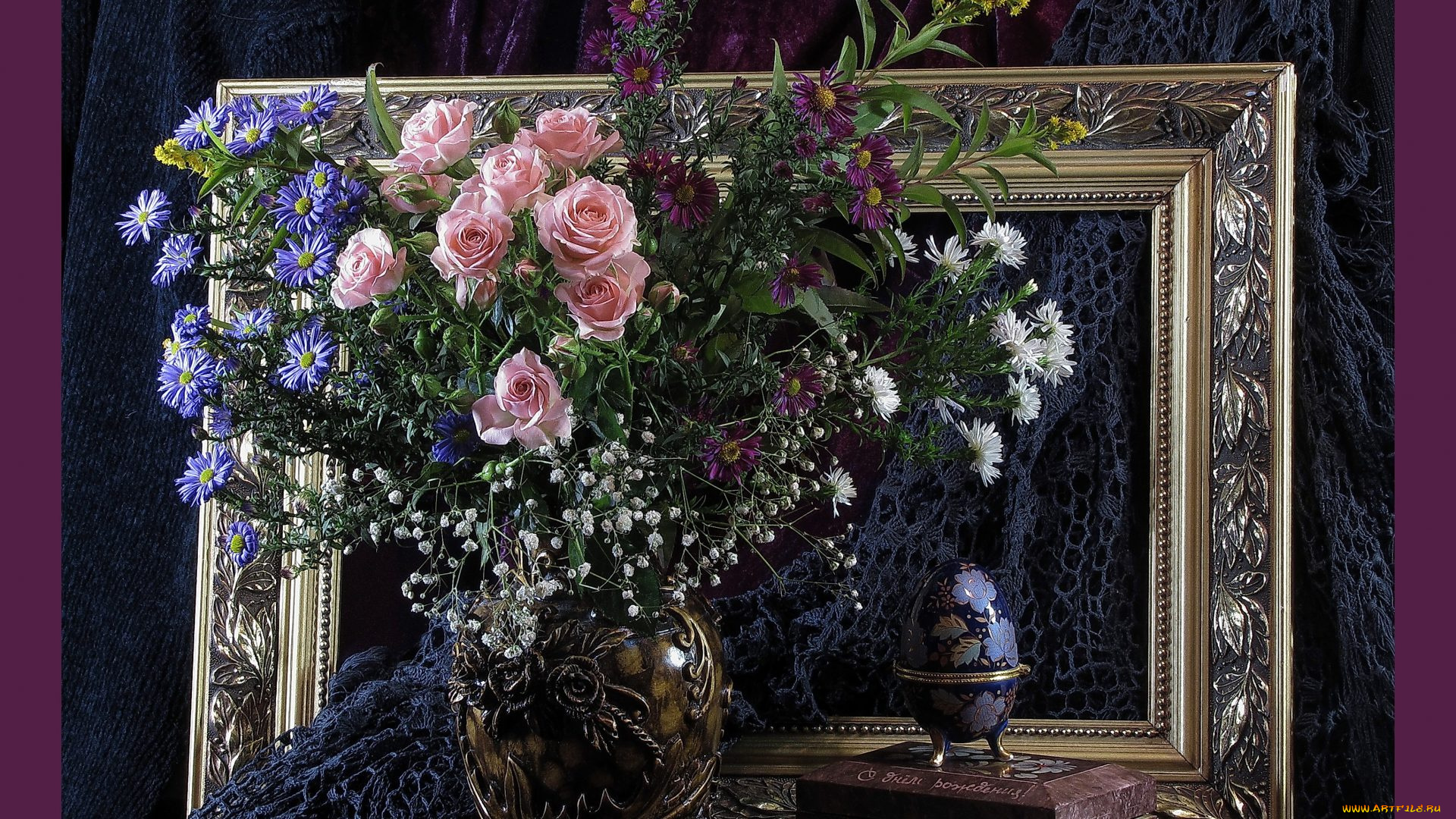 цветы, букеты, , композиции, яйцо, розы, рама