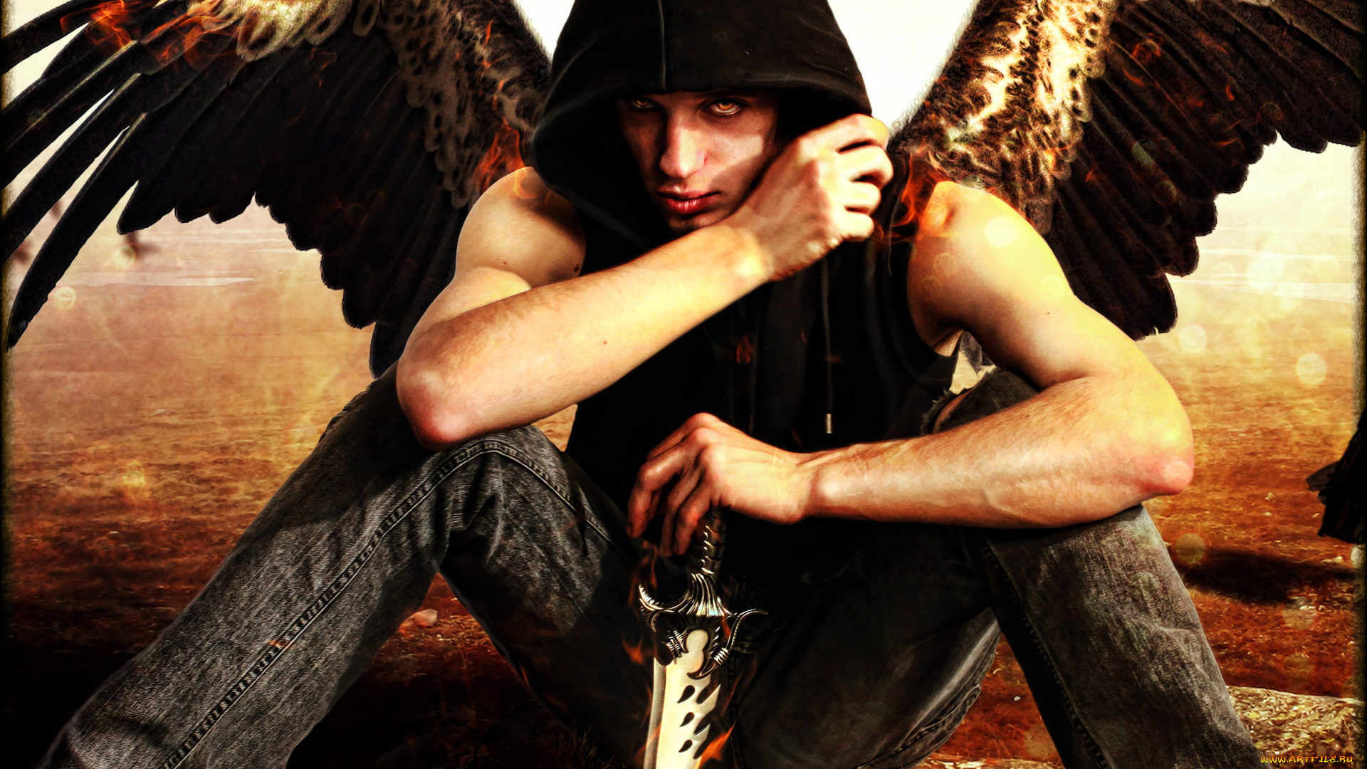 фэнтези, ангелы, нож, крылья, мужчина, фон, взгляд