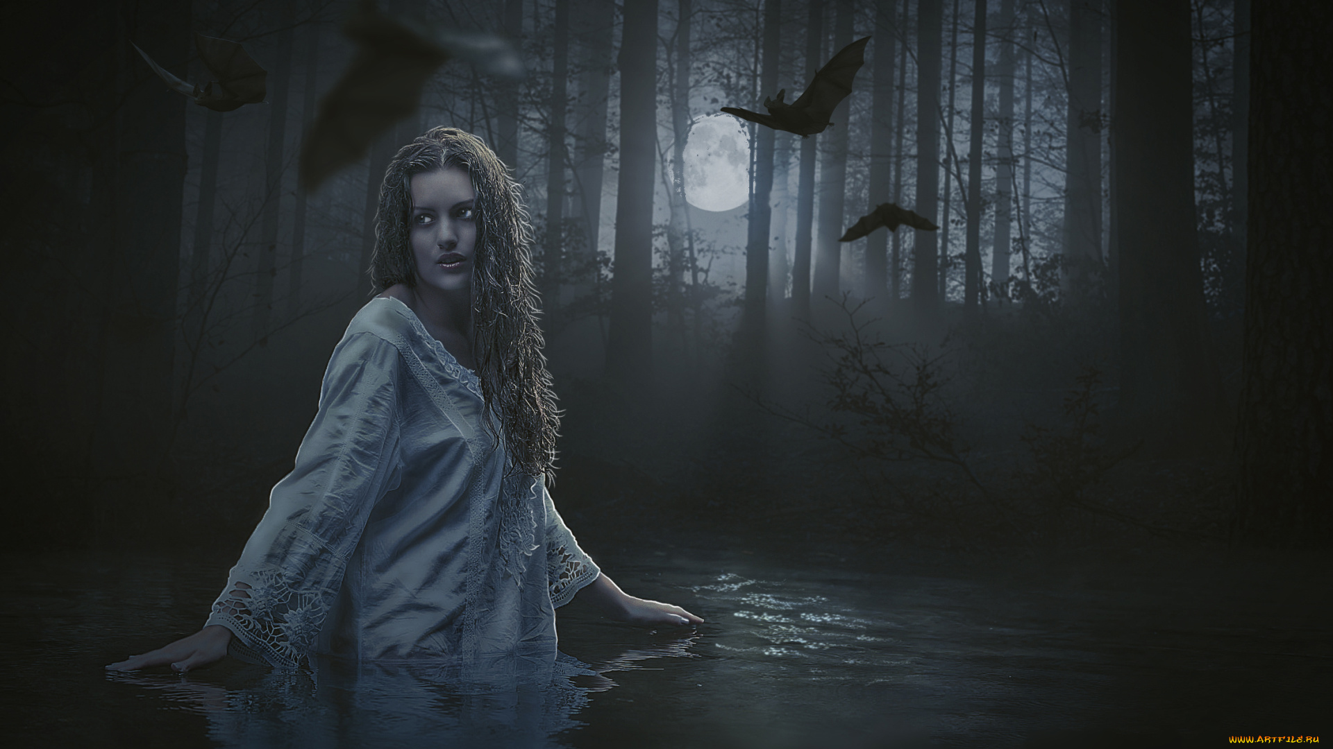 фэнтези, фотоарт, девушка, фогн, вода, мышь, ночь, луна