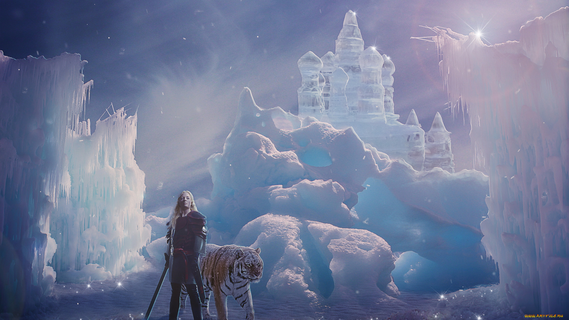 фэнтези, фотоарт, девушка, фон, кольчуга, меч, тигр, снег, лёд