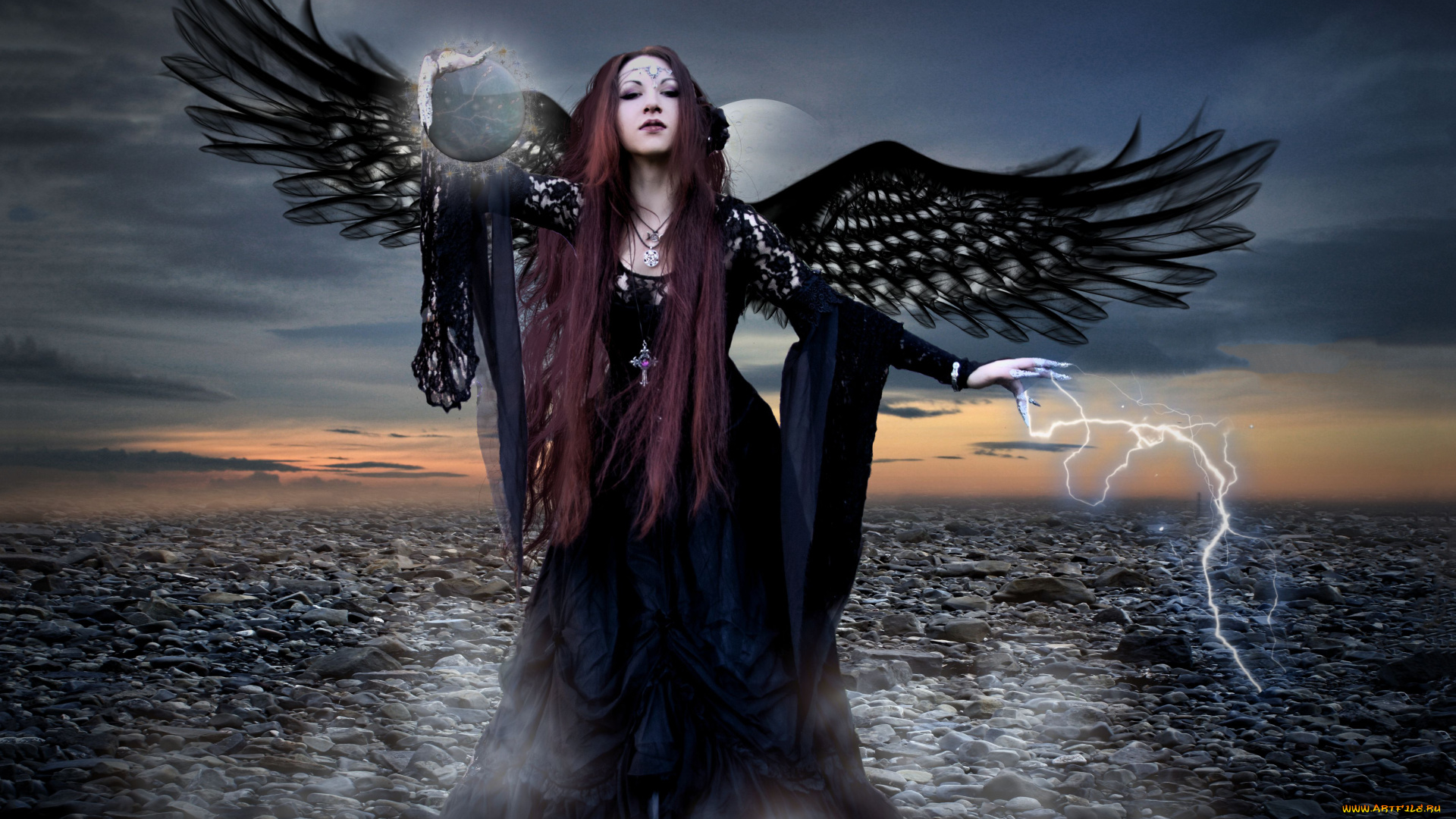 фэнтези, фотоарт, девушка, фон, взгляд, крылья, молния