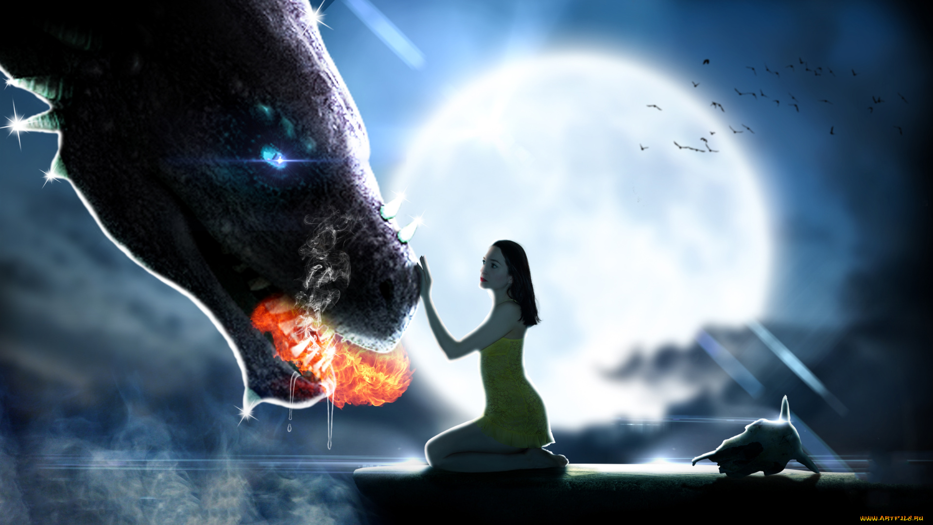 фэнтези, красавицы, и, чудовища, девушка, луна, дракон, фон