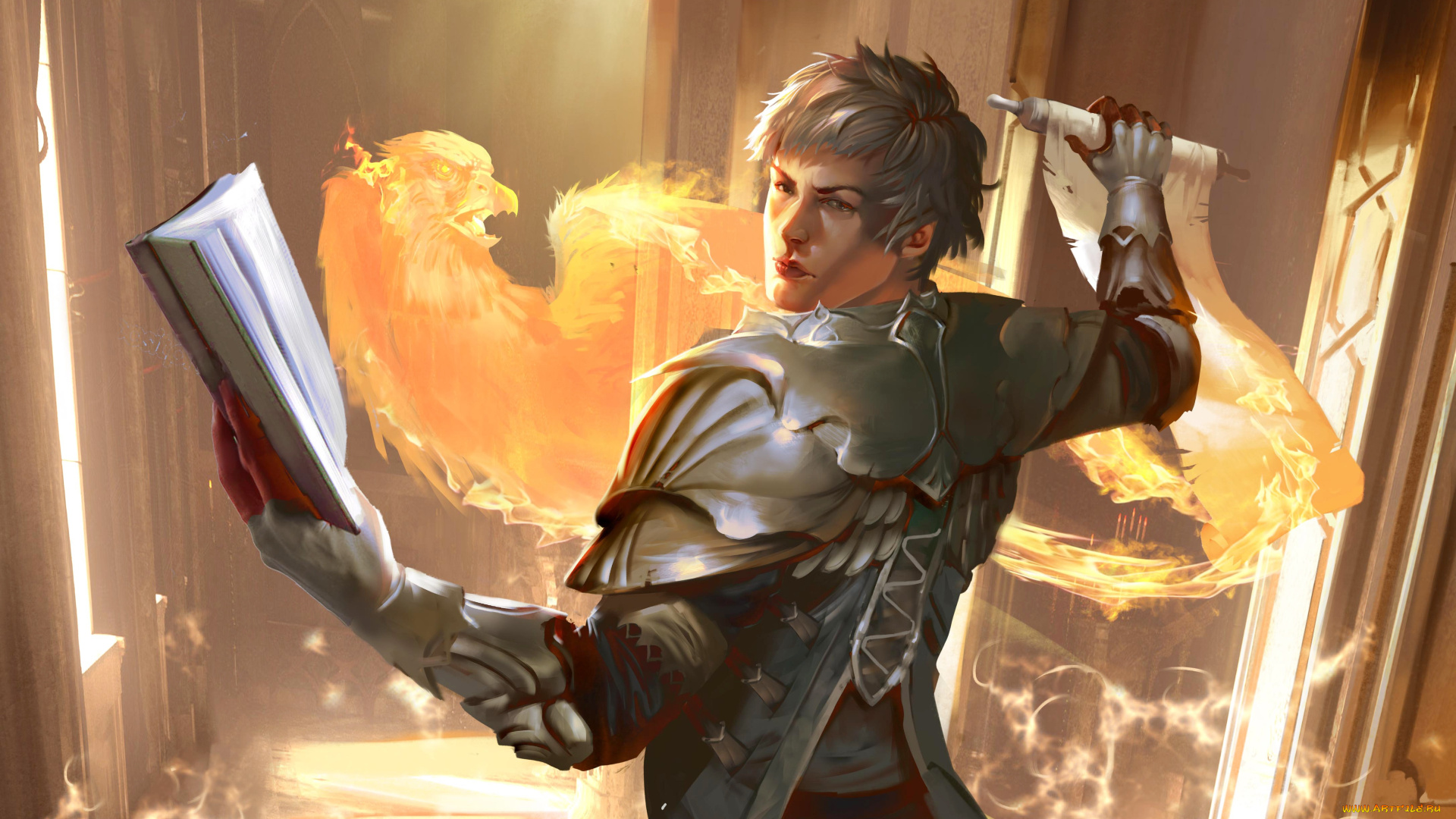 фэнтези, маги, , волшебники, феникс, свиток, мужчина, книга, маг, магия, огонь