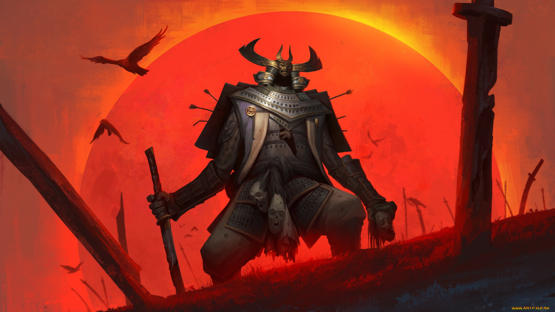 фэнтези, нежить, солнце, меч, птицы, samurai, доспех, воин, голова