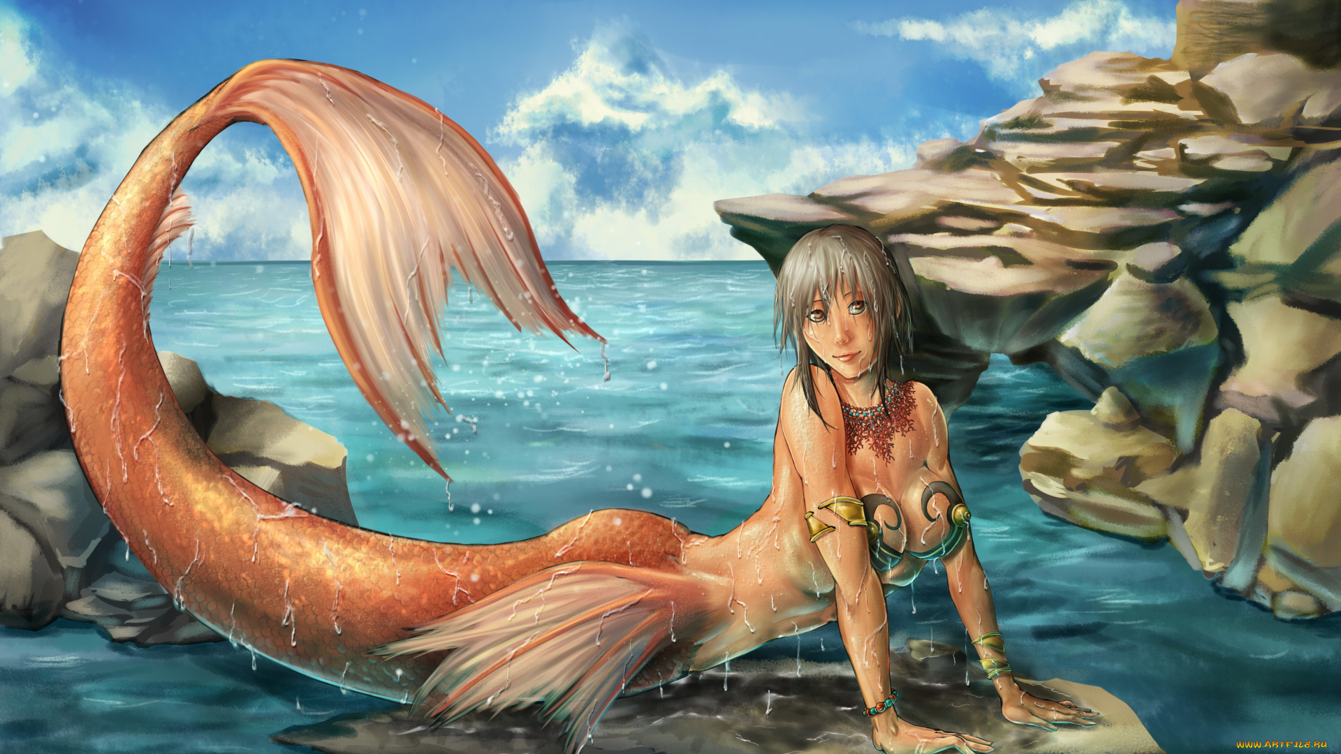 фэнтези, русалки, девушка, фон, взгляд, хвост, море