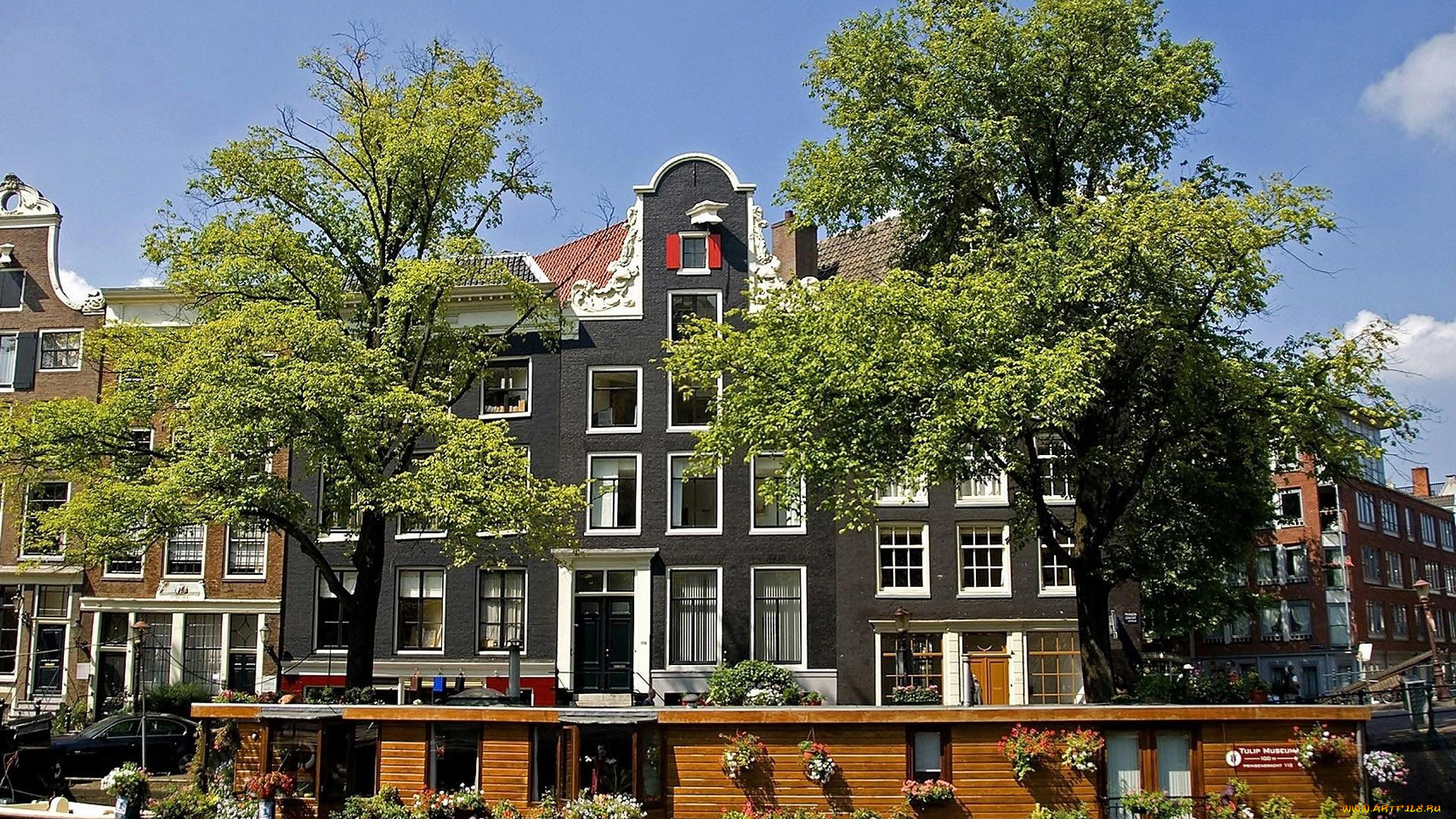 города, амстердам, , нидерланды, цветники, баржа, канал