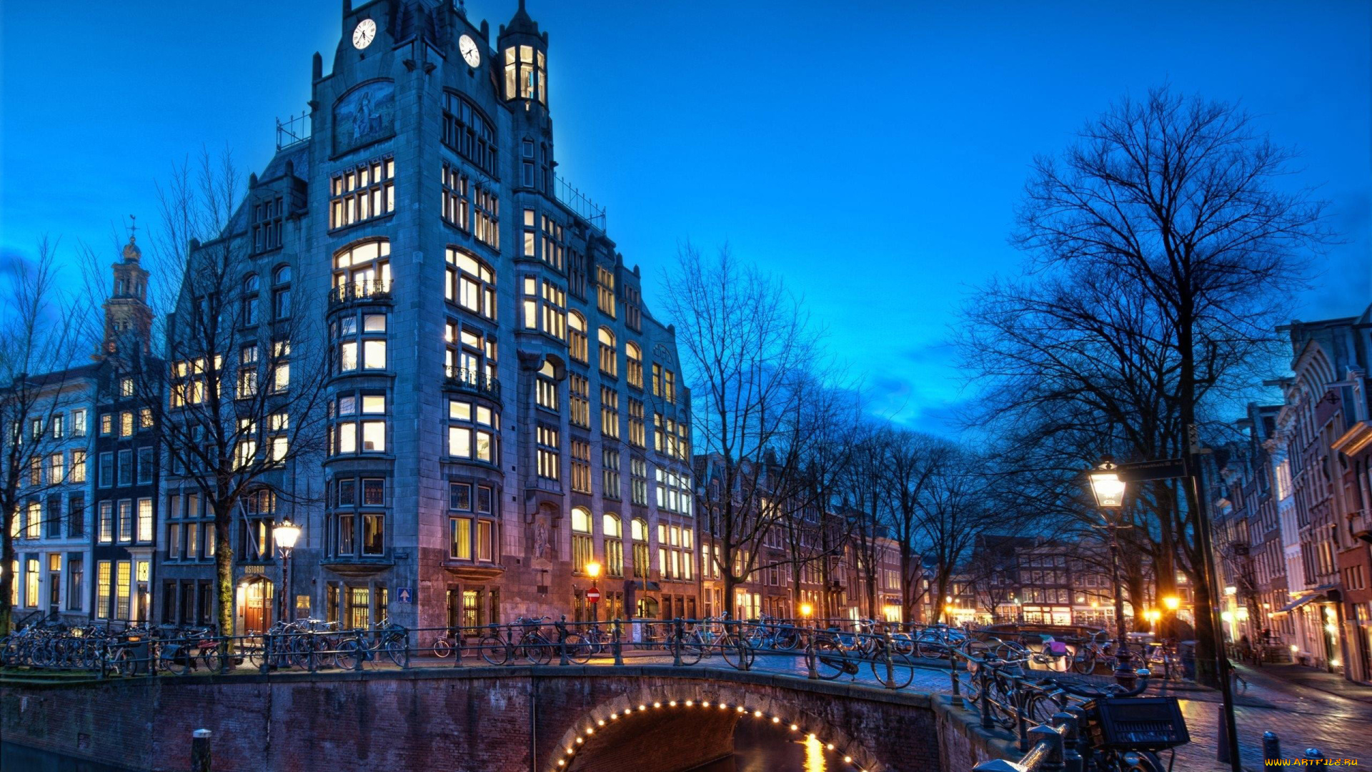 города, амстердам, , нидерланды, мост, фонари, вечер