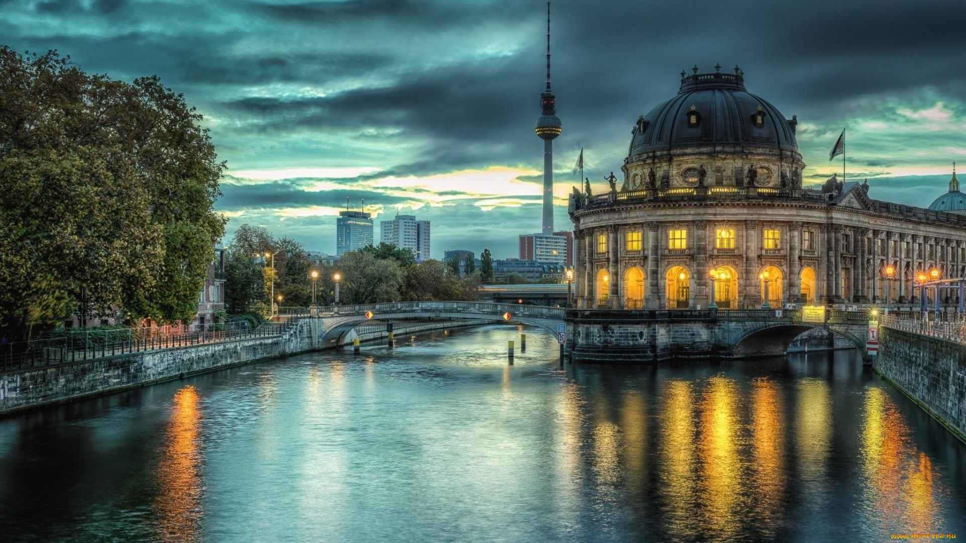 города, берлин, , германия, собор, вечер, мост, река