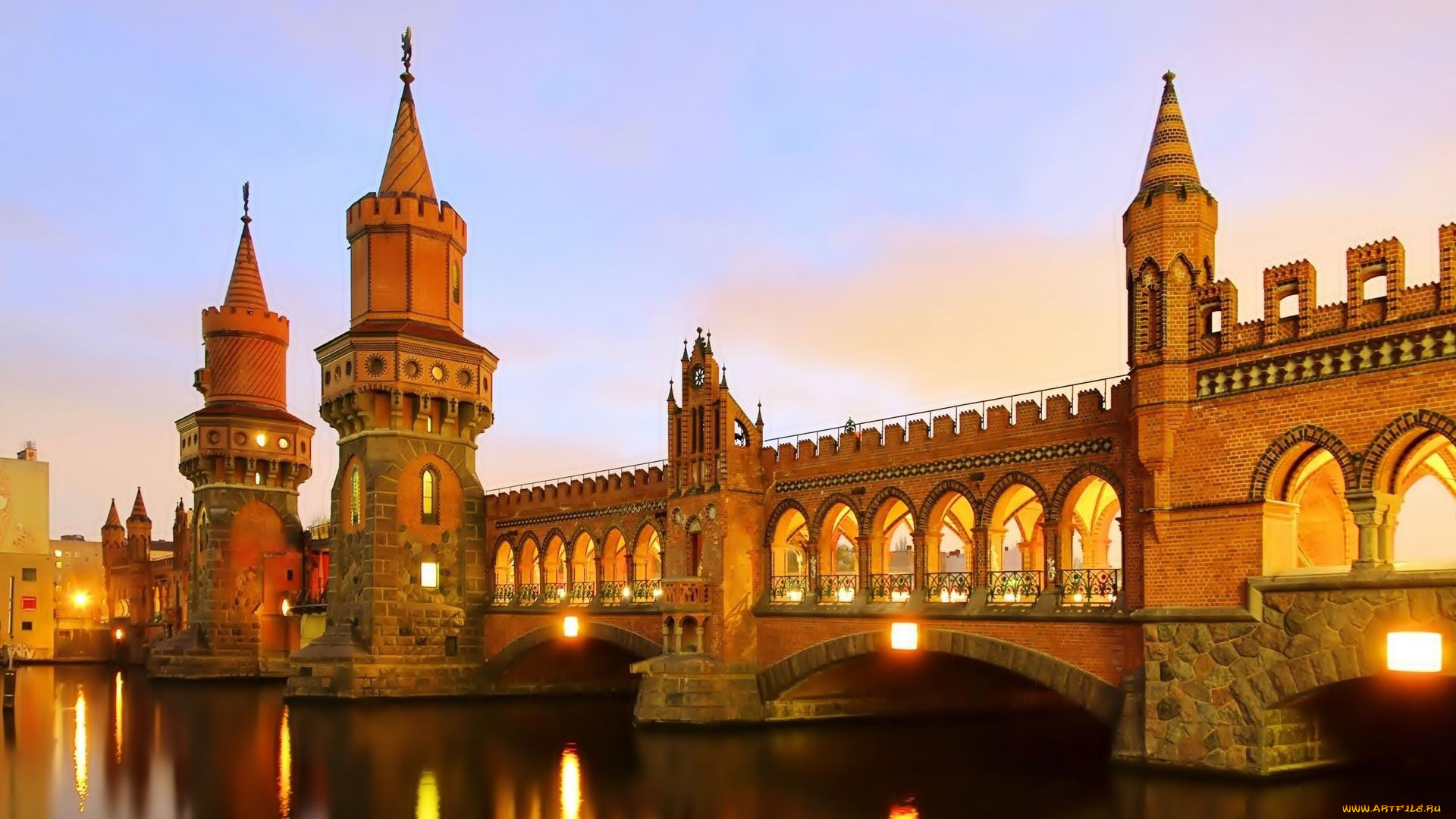 города, берлин, , германия, вечер, башни, мост, река, отражение