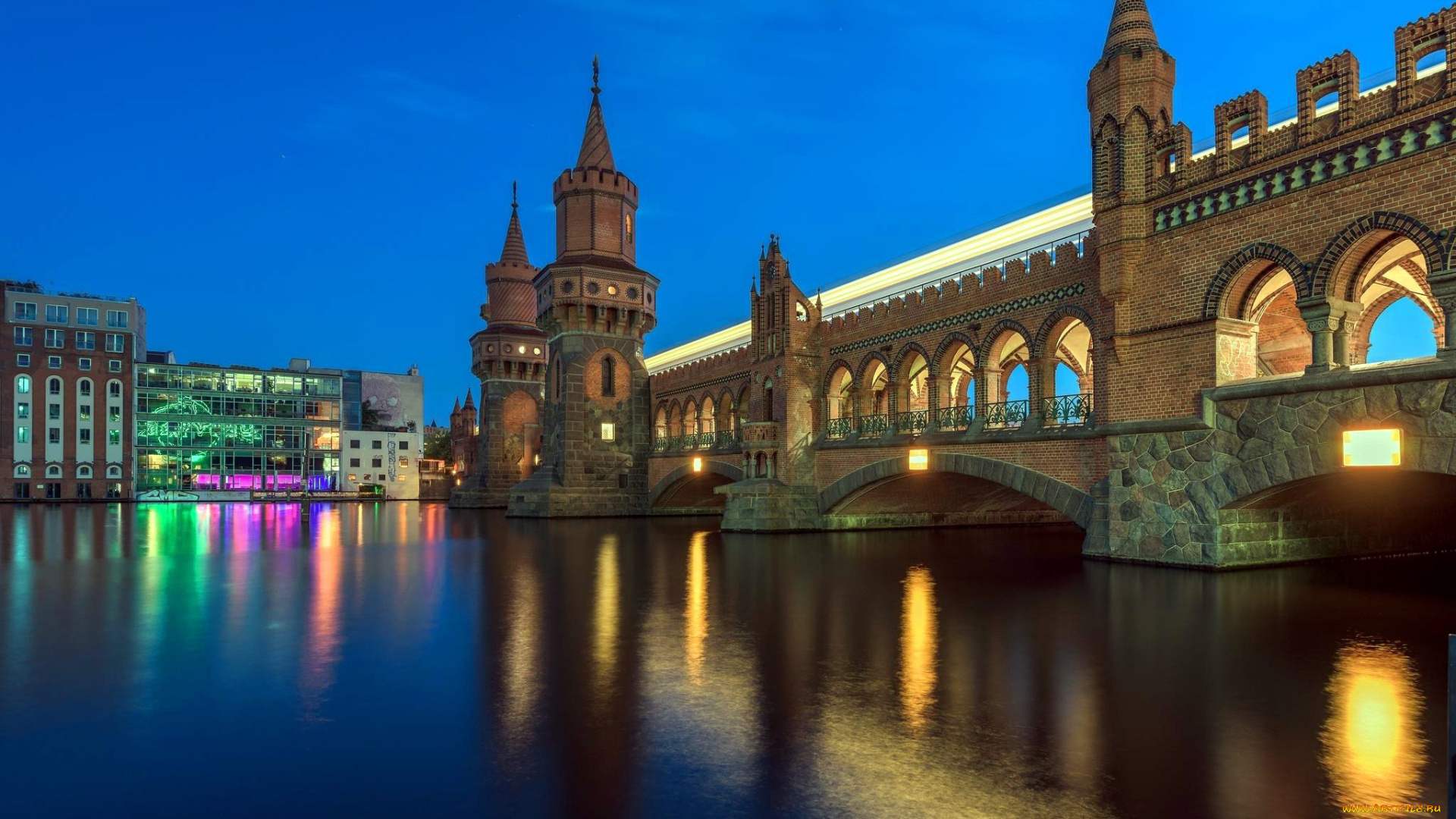 города, берлин, , германия, вечер, башни, мост, река