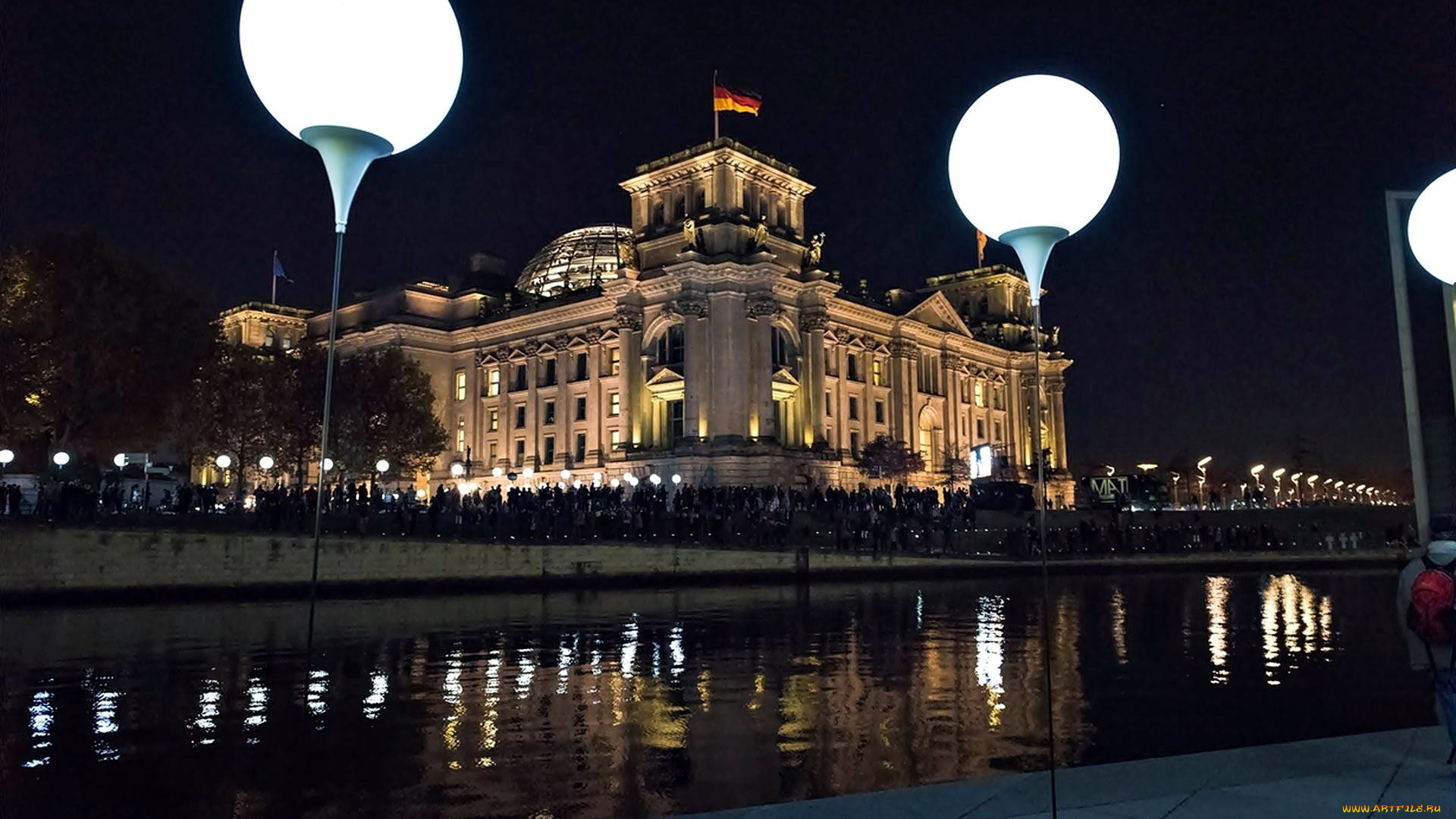 города, берлин, , германия, вечер, флаг, фонари, река
