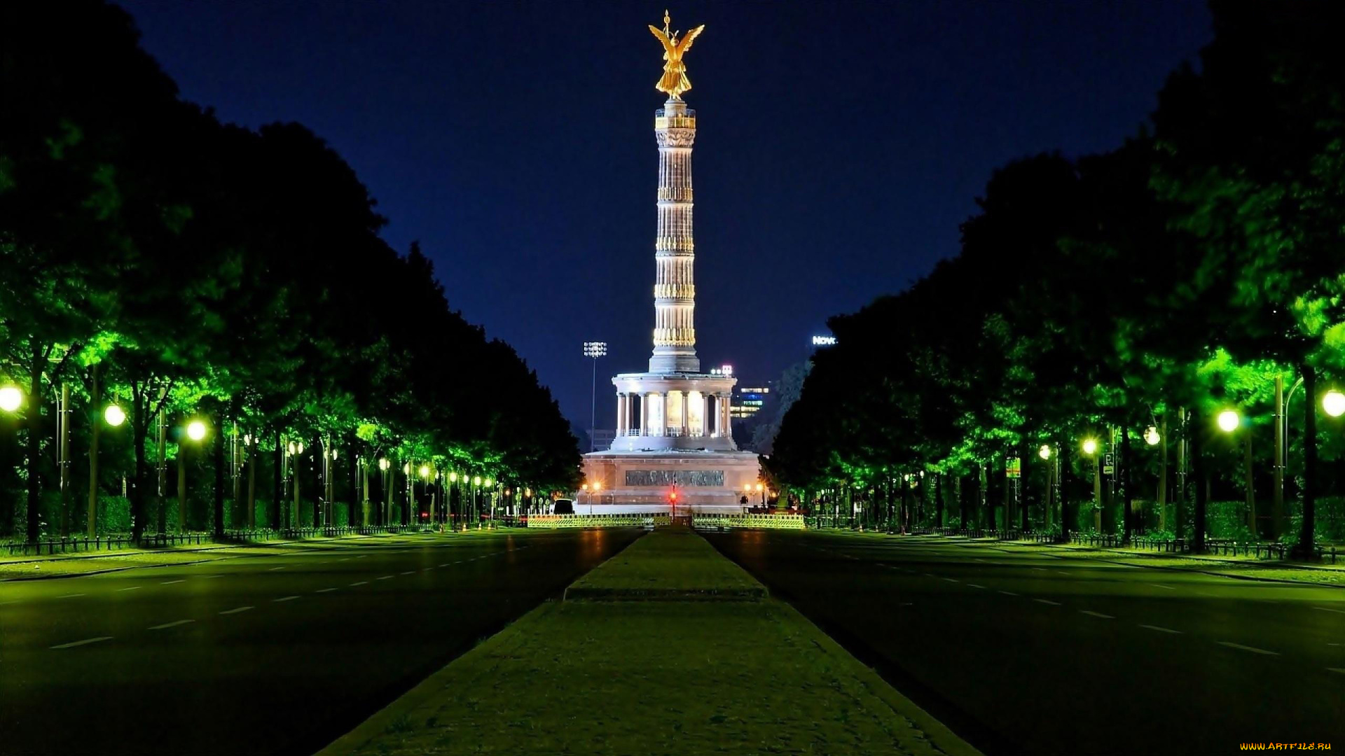 города, берлин, , германия, вечер, монумент, фонари, деревья, проспект