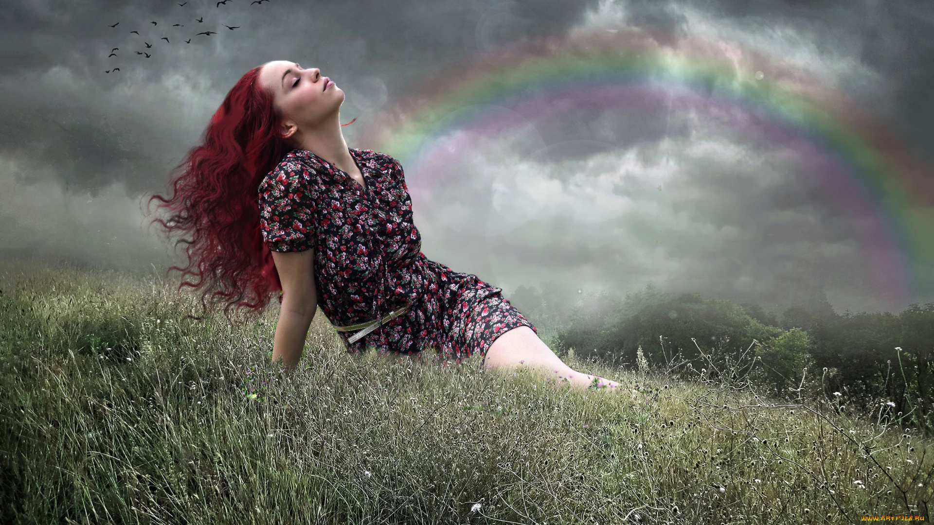 разное, компьютерный, дизайн, девушка, фон, поле, радуга